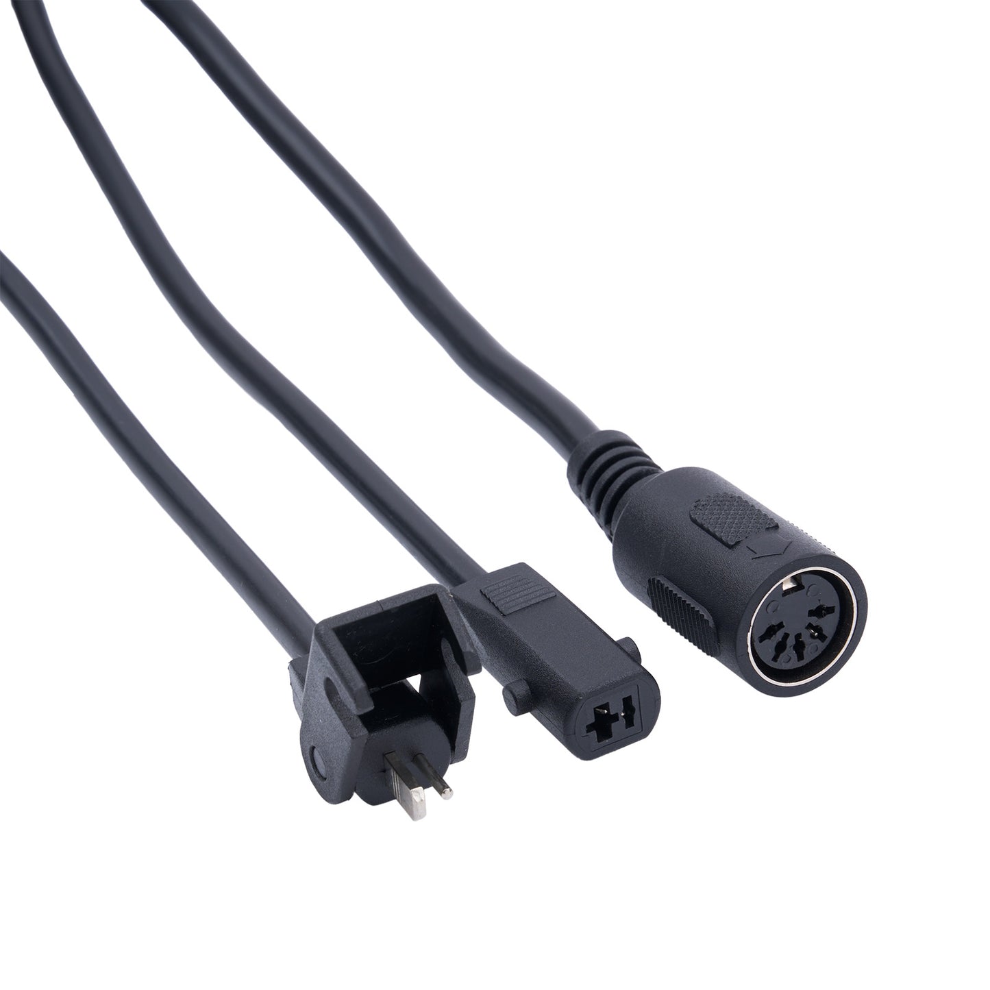 Two black electrical cables with connectors on a white background