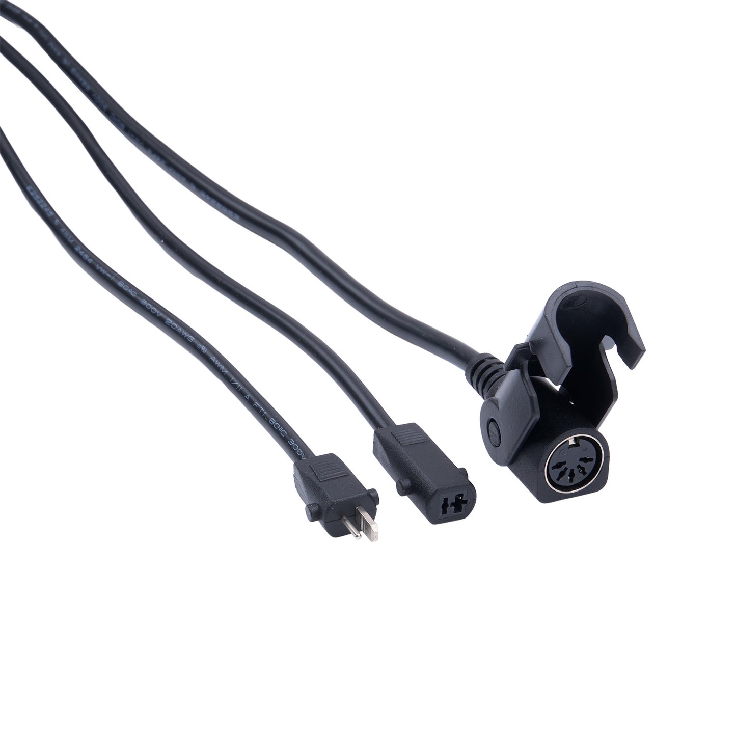 Black power cord with plug and socket on a white background