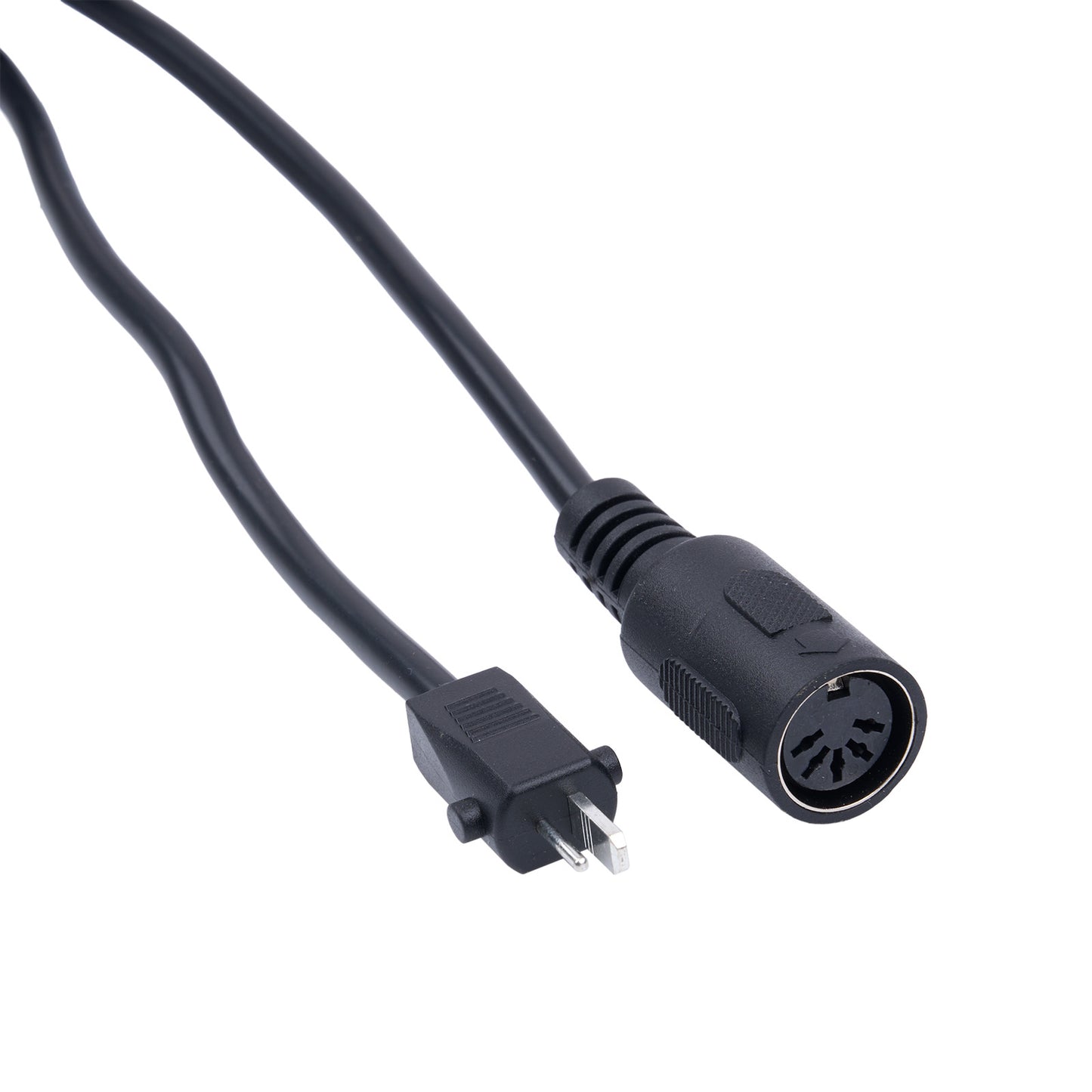 Black power cord with plug and connector on a white background