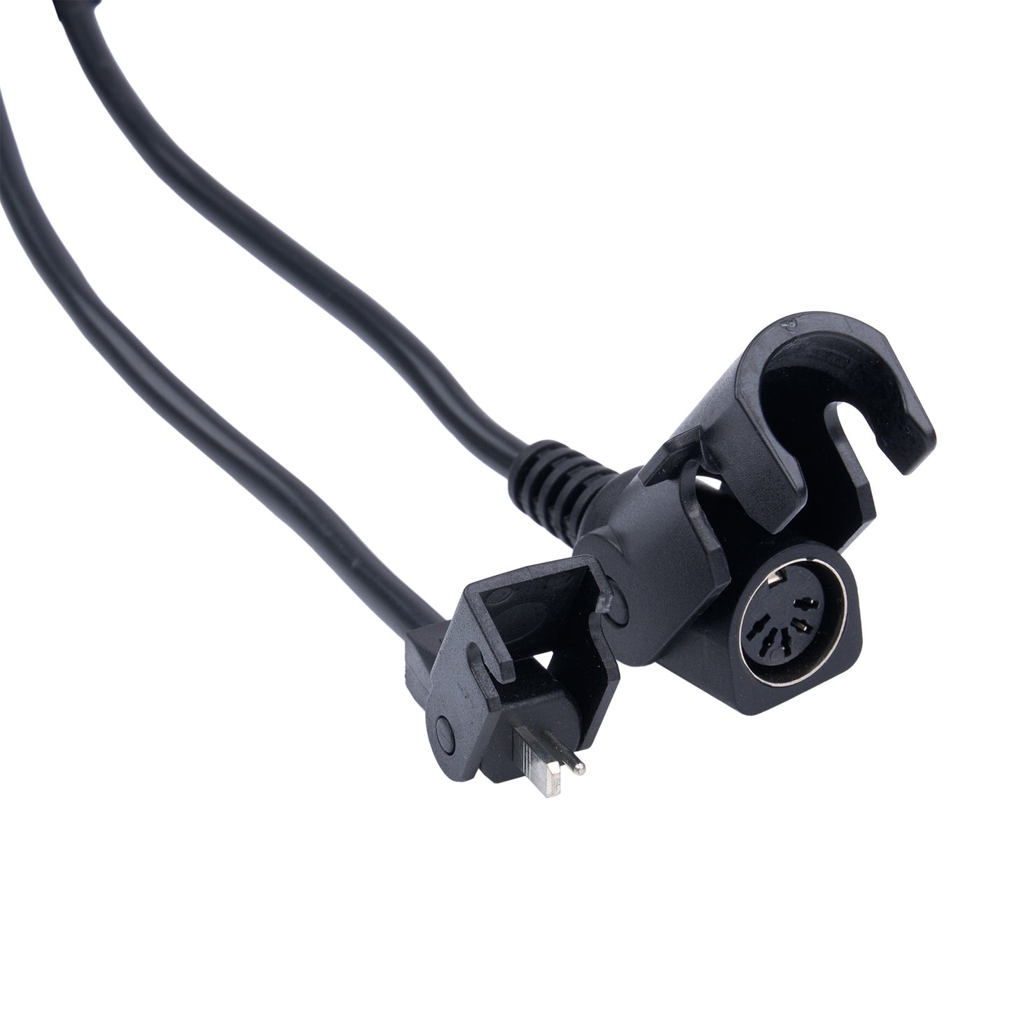 Black electrical plug with a cable on a white background