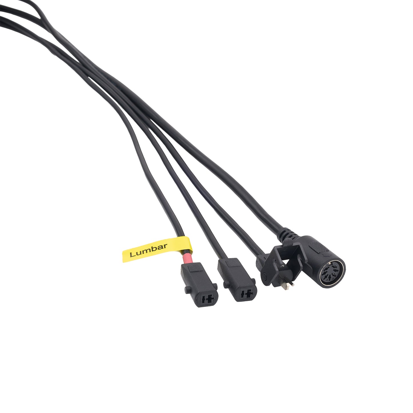 Black lumbar cable assembly with four wires, two connector ends, a yellow tag labeled 'Lumbar', and a power connector on a white background.