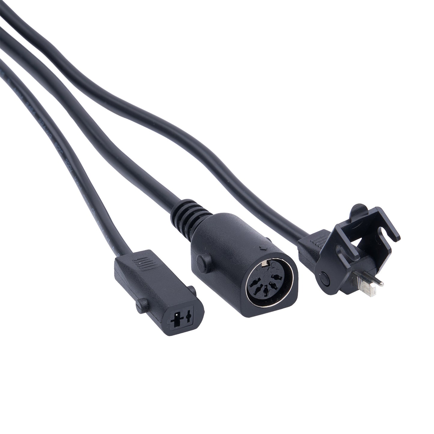 Three black electrical connectors on a white background