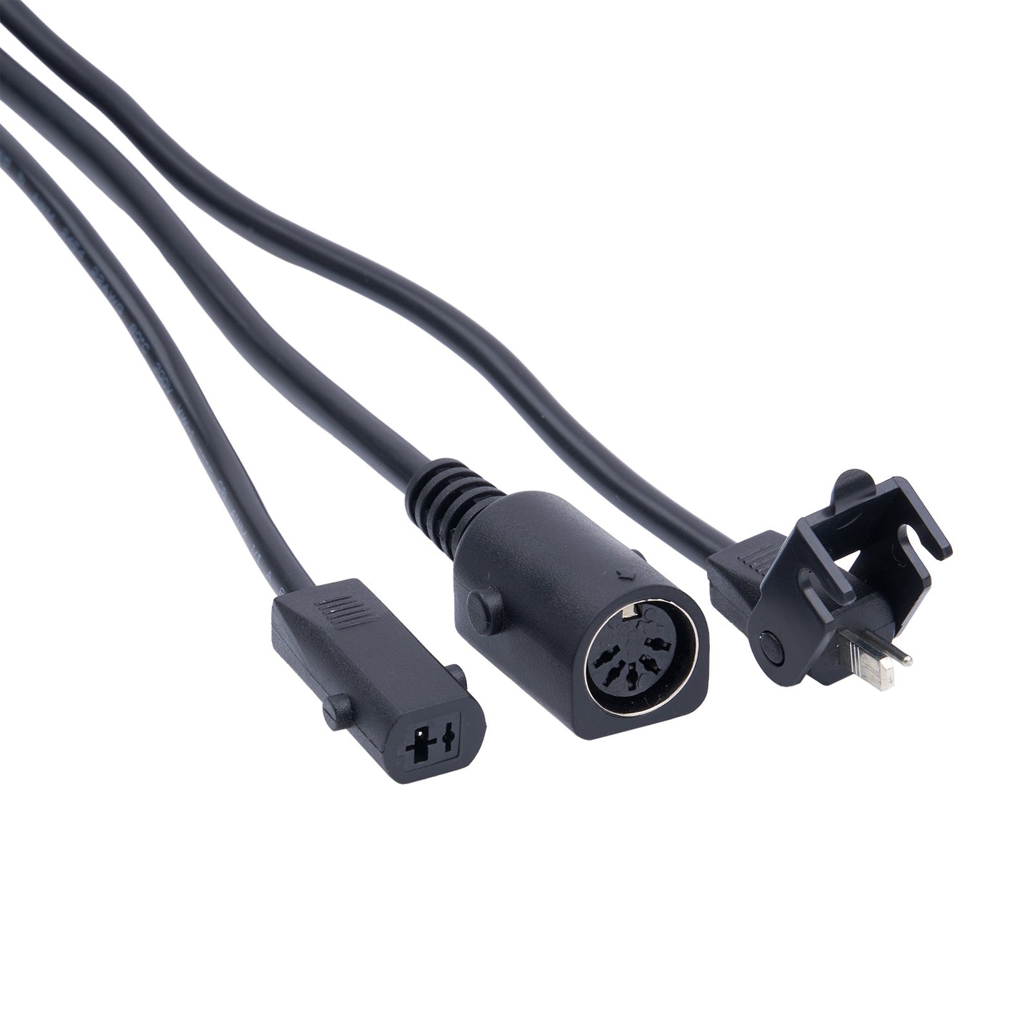 Black electrical cable with various connectors on a white background