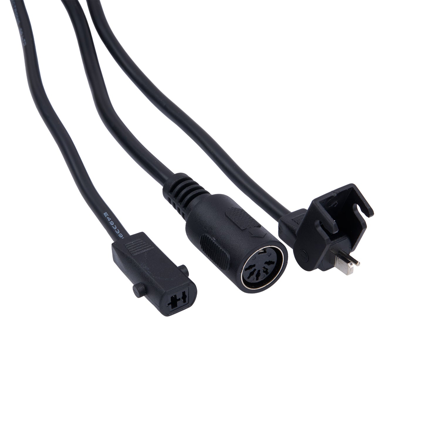 Three black electrical cables with different connectors on a white background