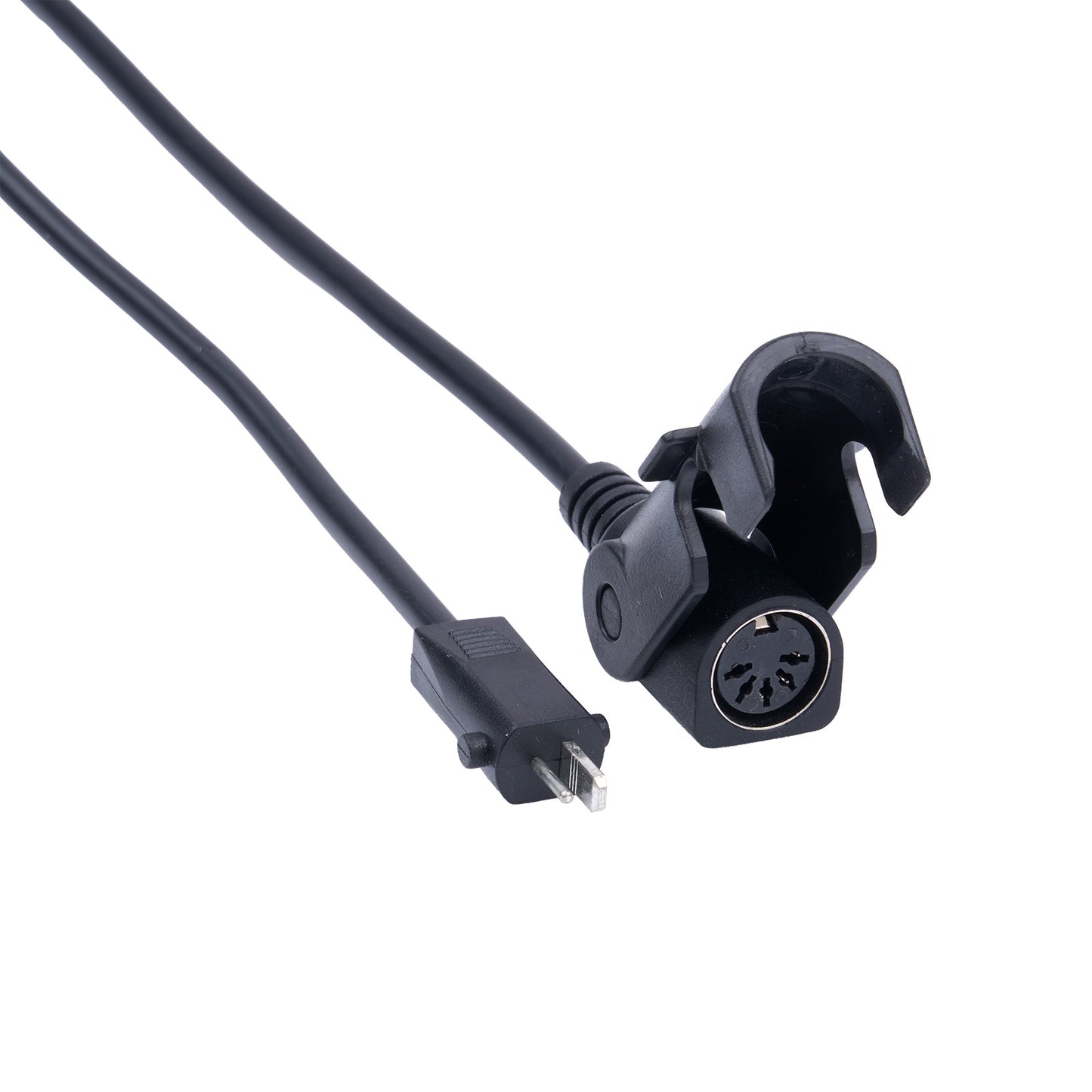 Black audio cable with plug and connector on a white background