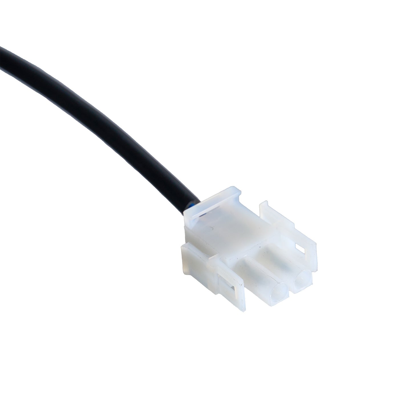 White electrical connector with black cable on a white background