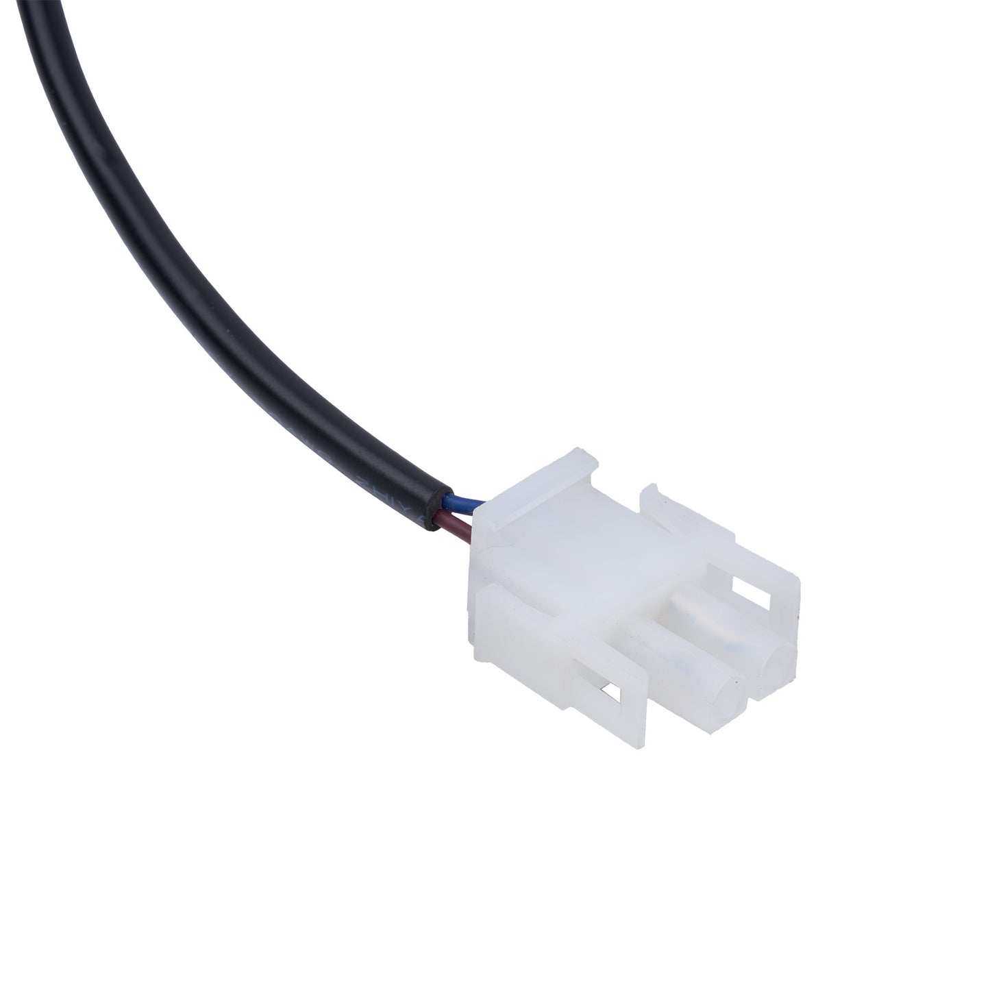 Wire connector with black cable on a white background