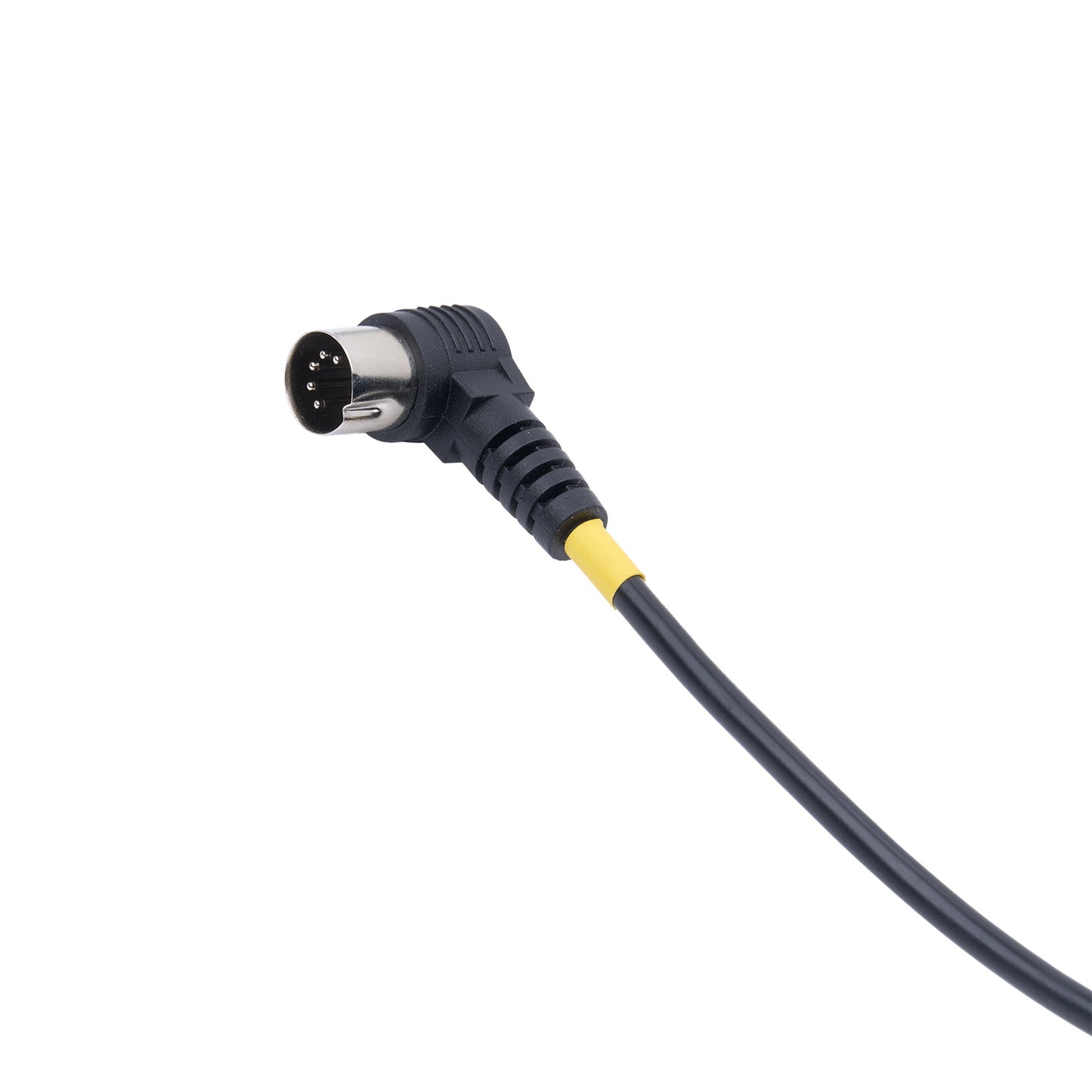 Cable connector with black and yellow details on a white background