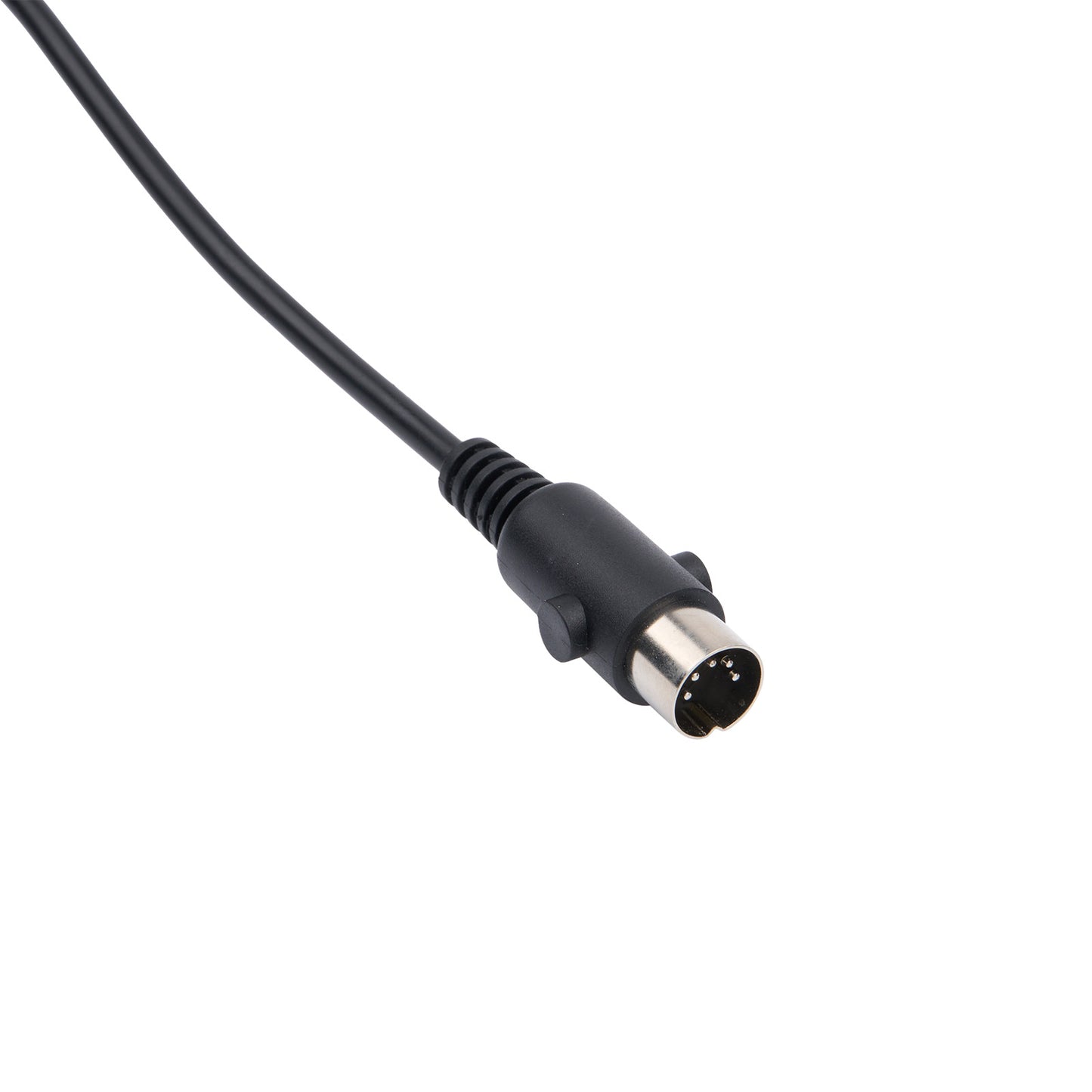 Black audio cable with a DIN connector on a white background