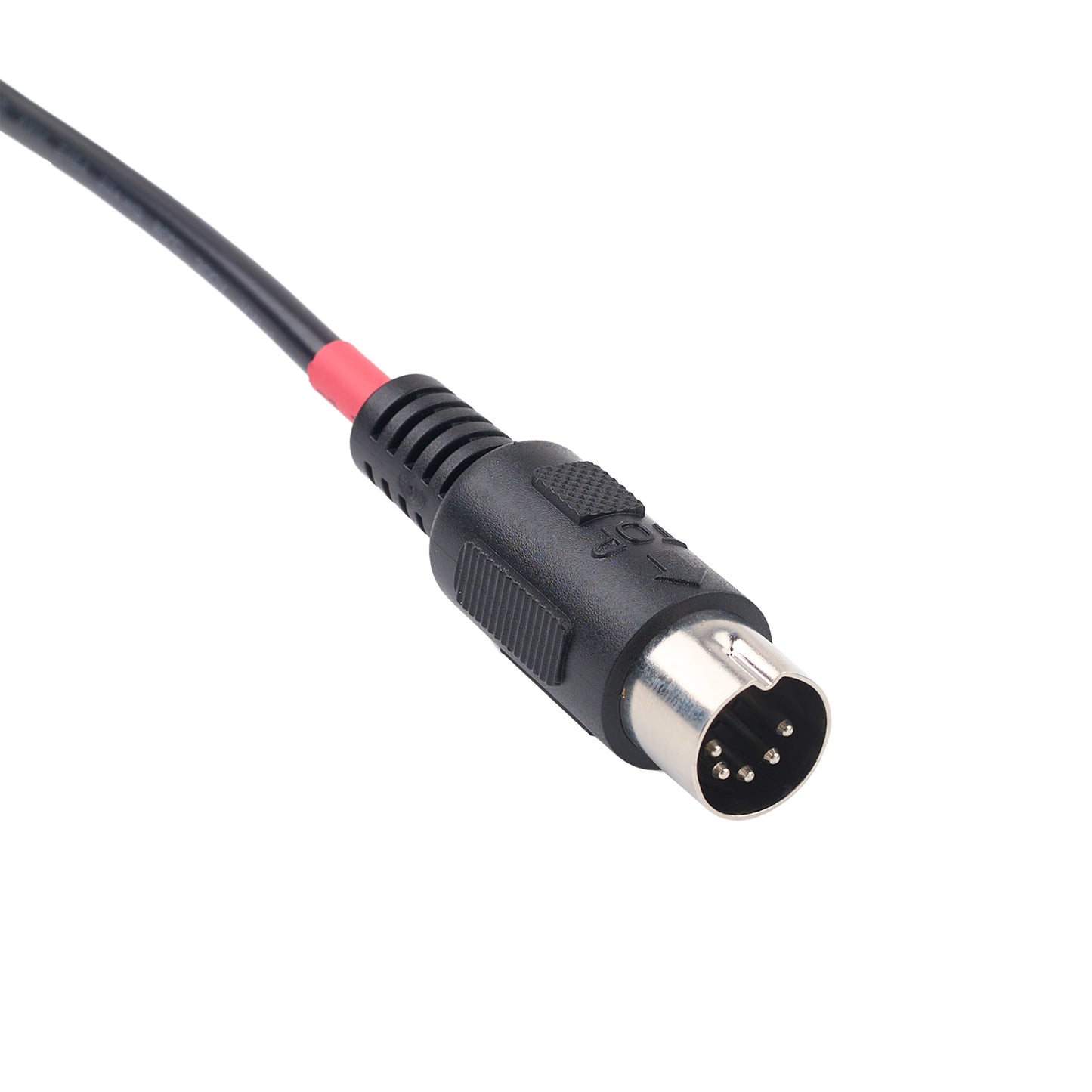 A black cable with a red connector sleeve and a black 5-pin XLR male plug, shown on a plain white background.