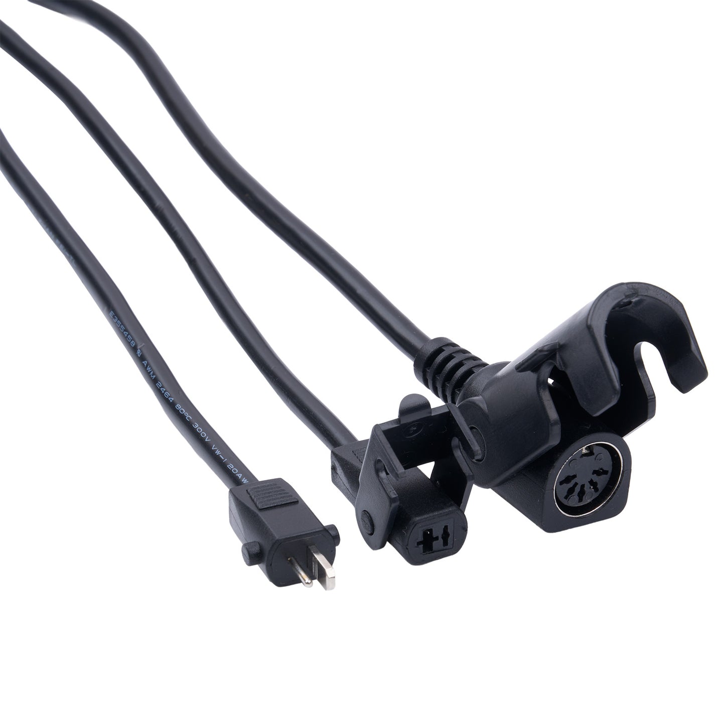 Black electrical cable with plug and socket on a white background