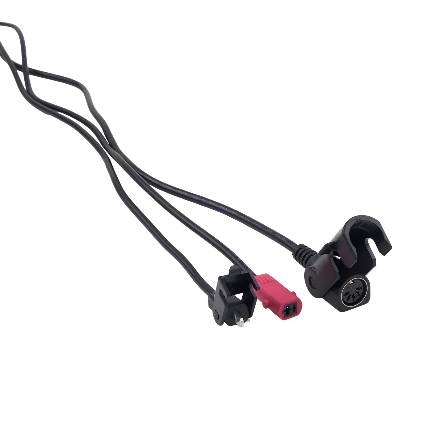 A black multi-wire cable with two connector ends, one black and one pink, shown on a plain white background.