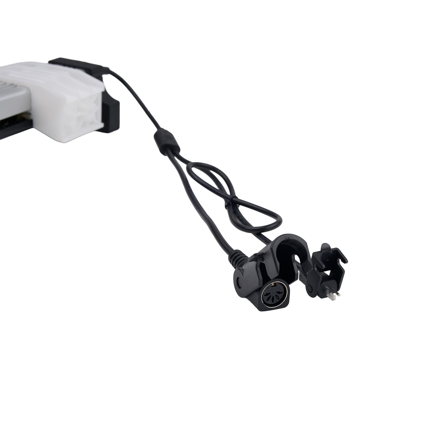 Black camera mount with cable on a white background