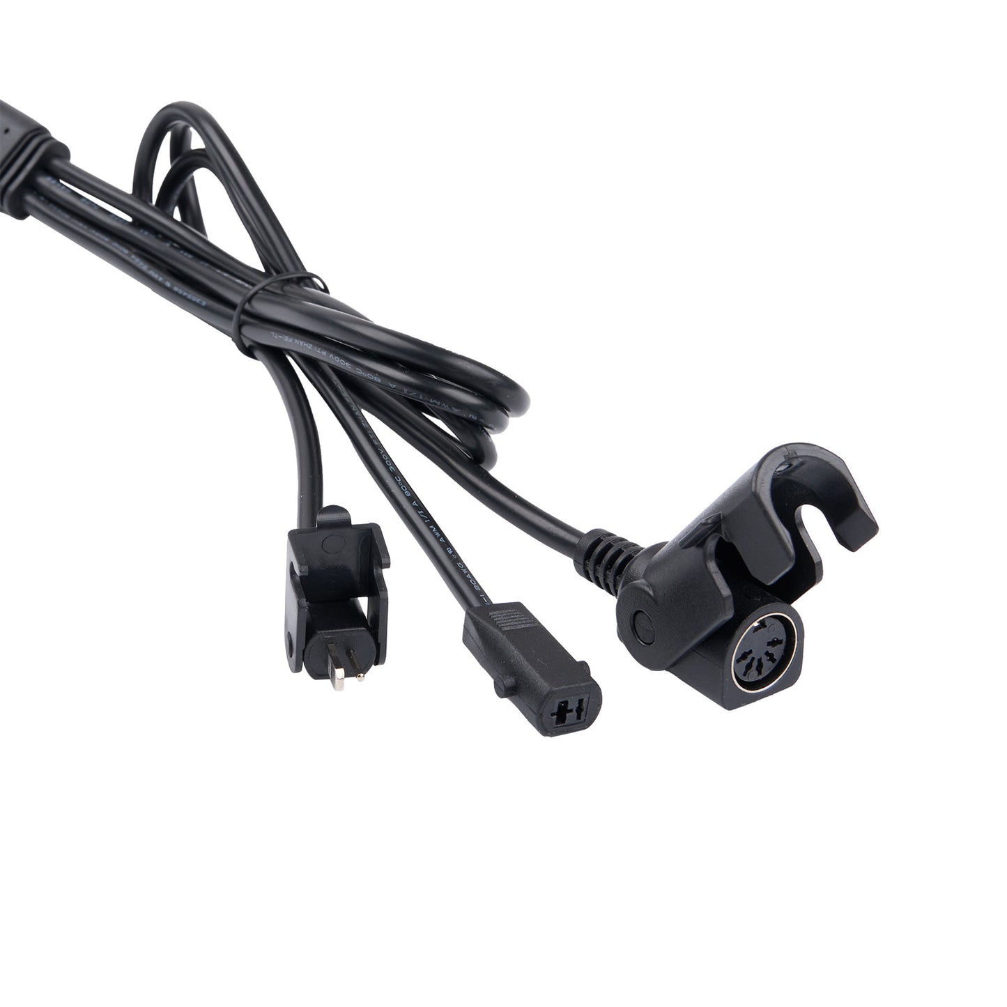 Black electrical cable with connectors on a white background