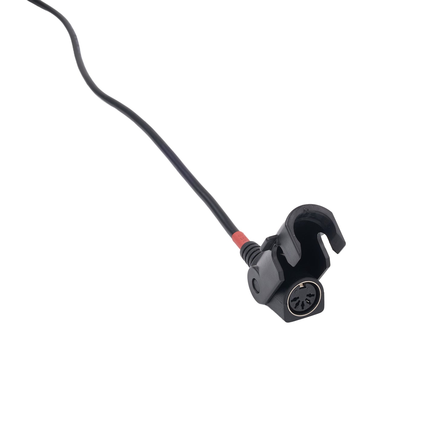 A black plastic magnetic clip with a black cable and a small red accent ring, shown on a plain white background.