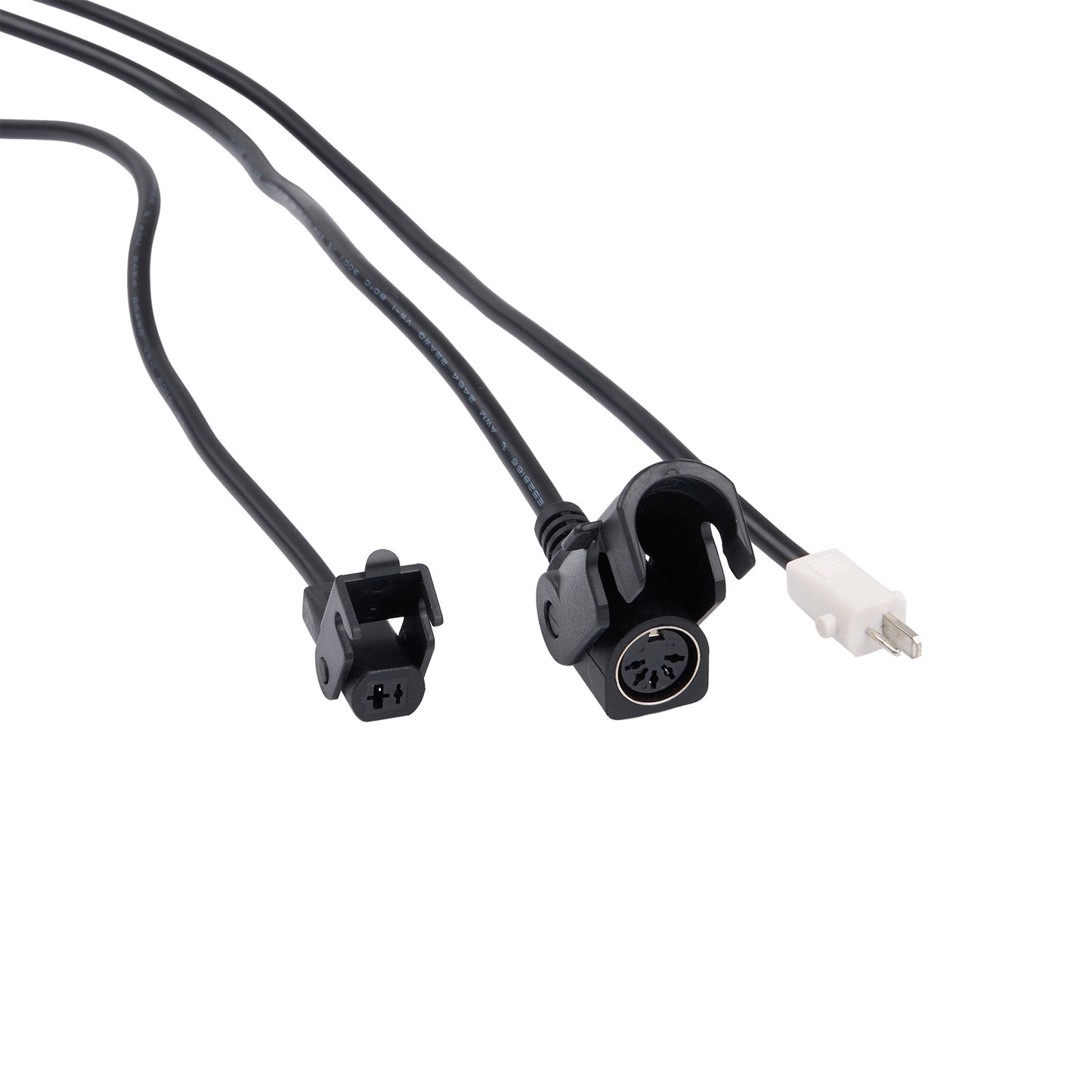Two black electrical cables with connectors on a white background