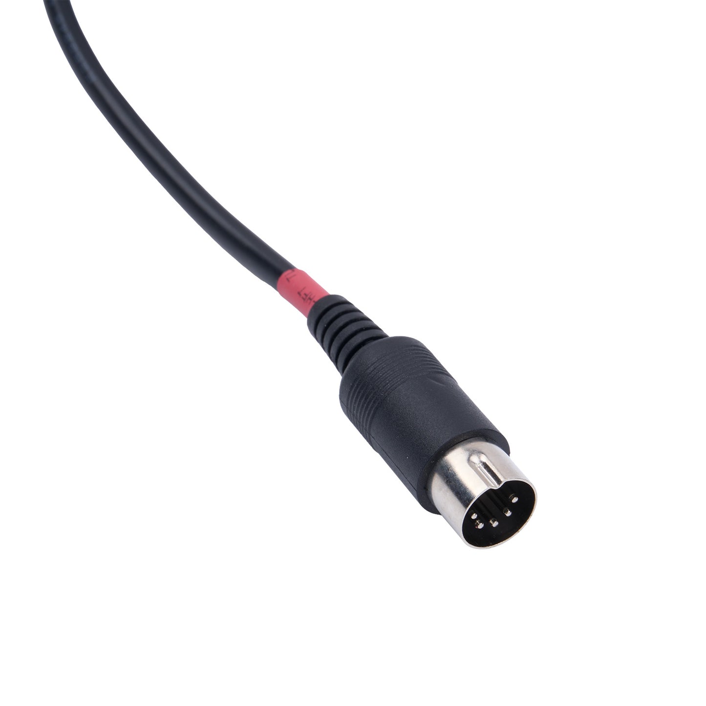 Black audio cable with a 4-pin connector on a white background