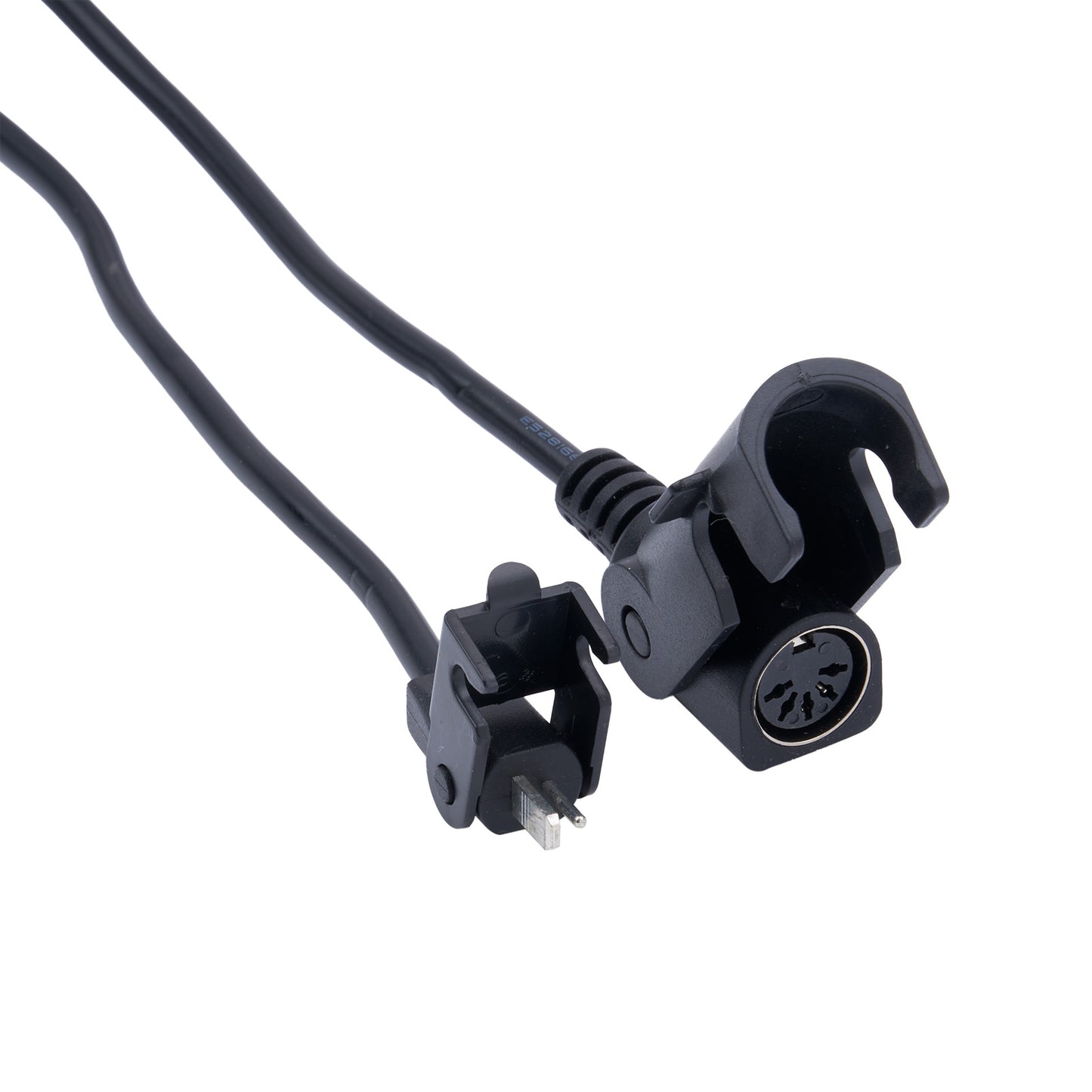 Black power cord with plug and XLR connector on a white background