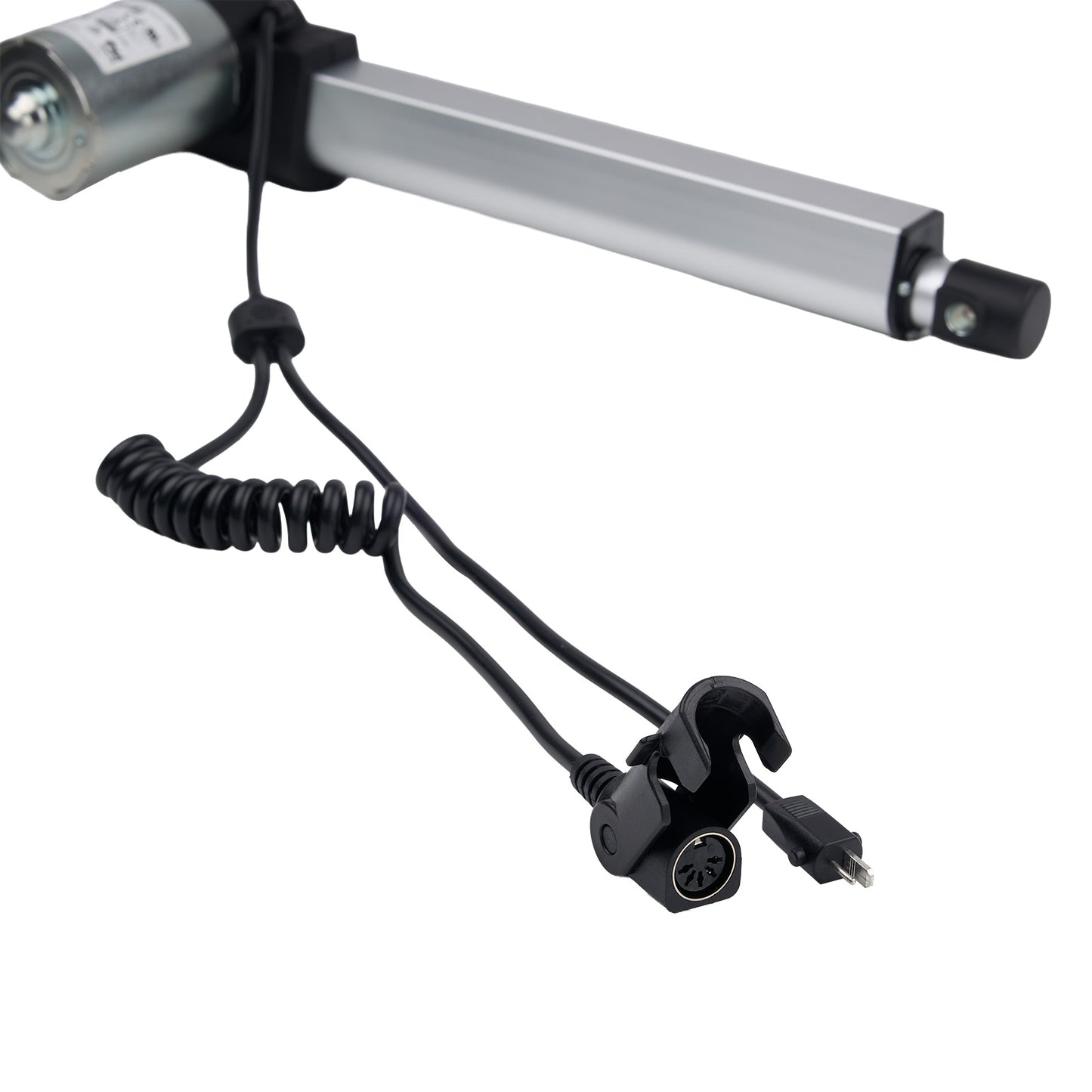 Mechanical arm with coiled cable and connectors on a white background
