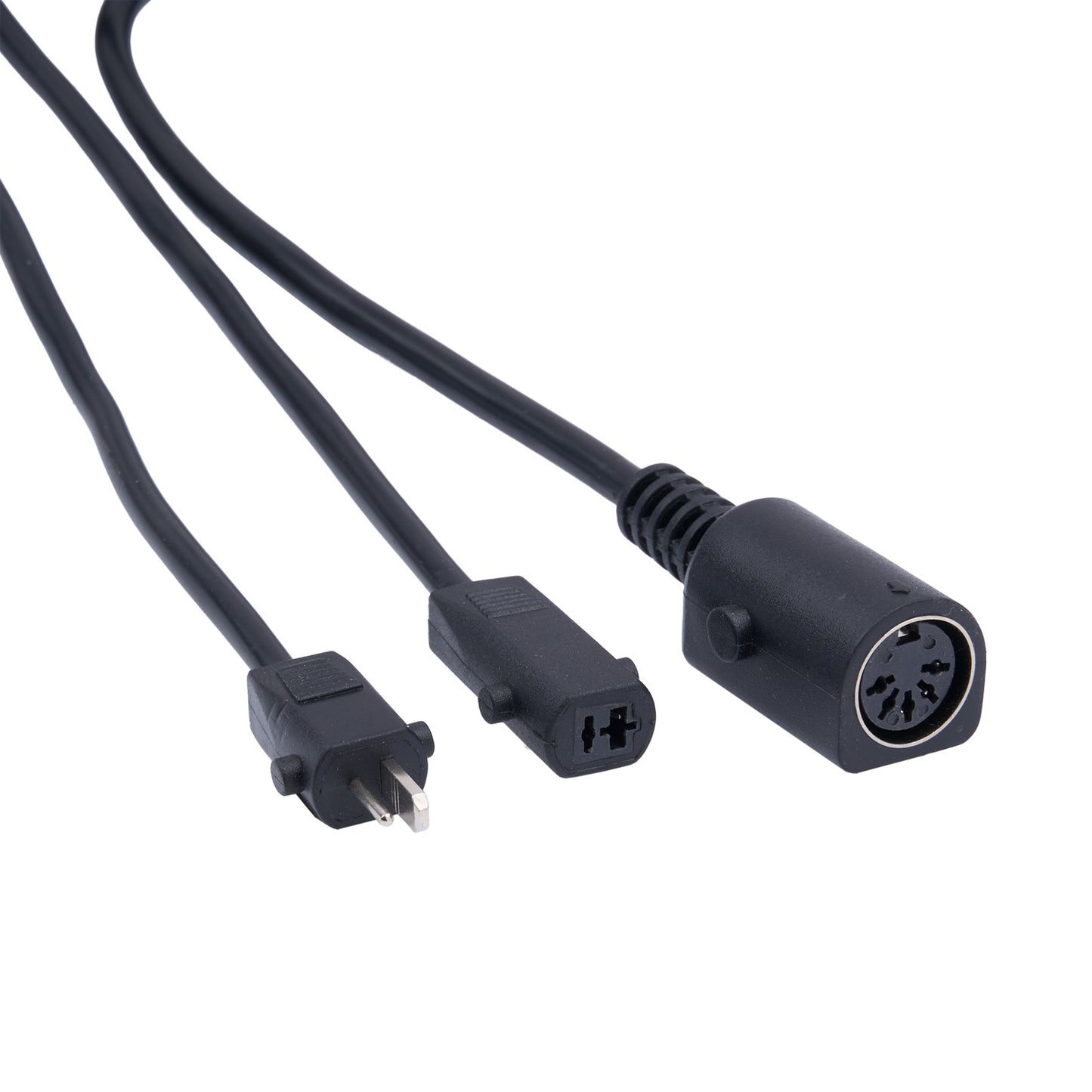 Black electrical cable with plug and connector on a white background
