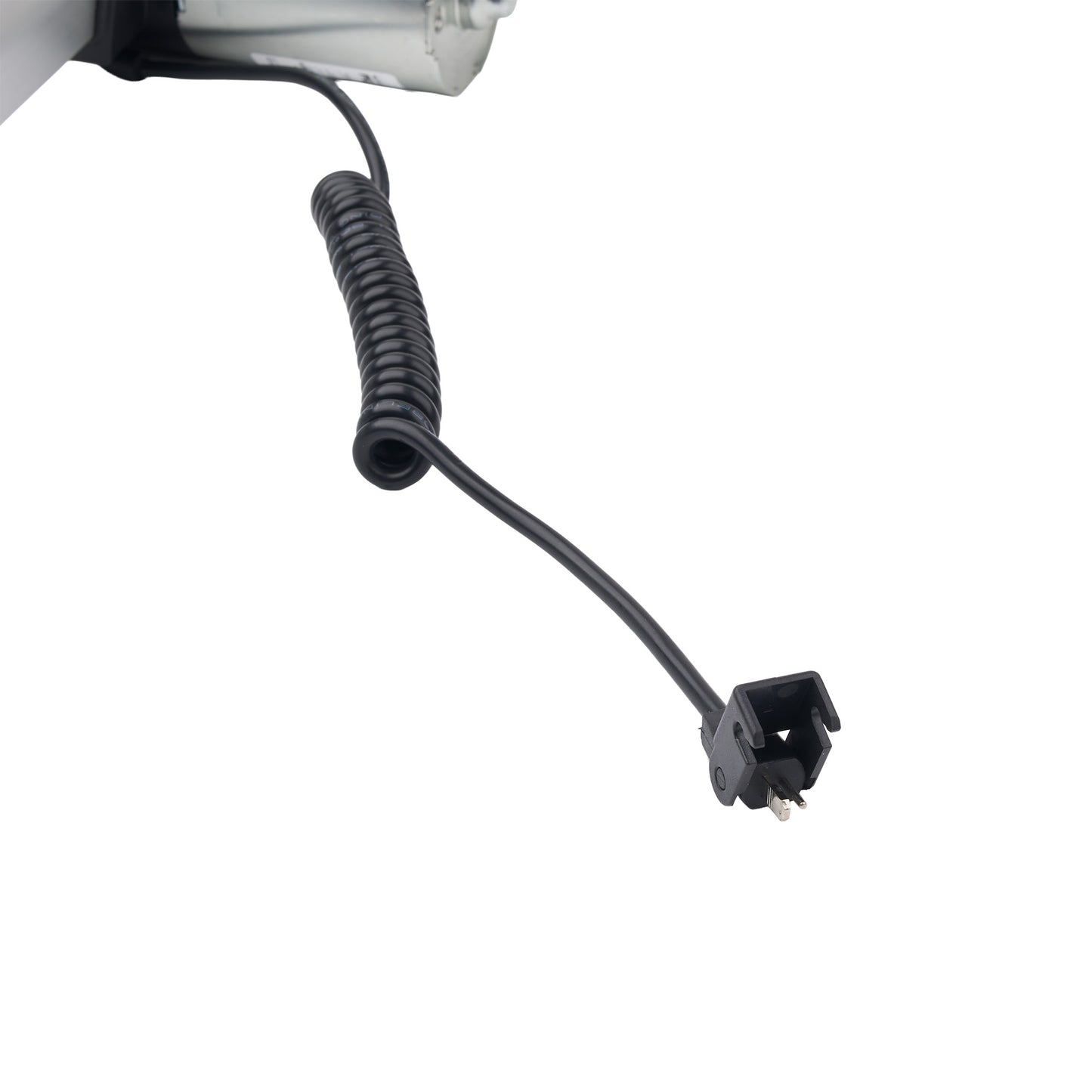 A black coiled cable with a black plastic connector plug, shown against a plain white background.