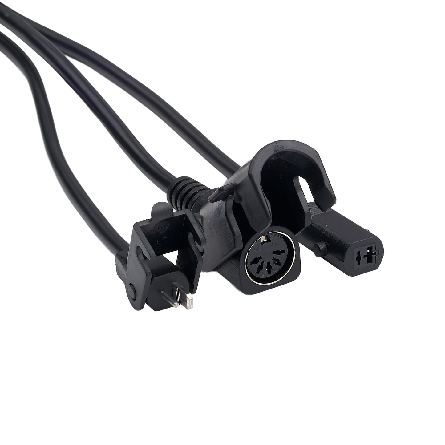 Black electrical cable with connectors on a white background