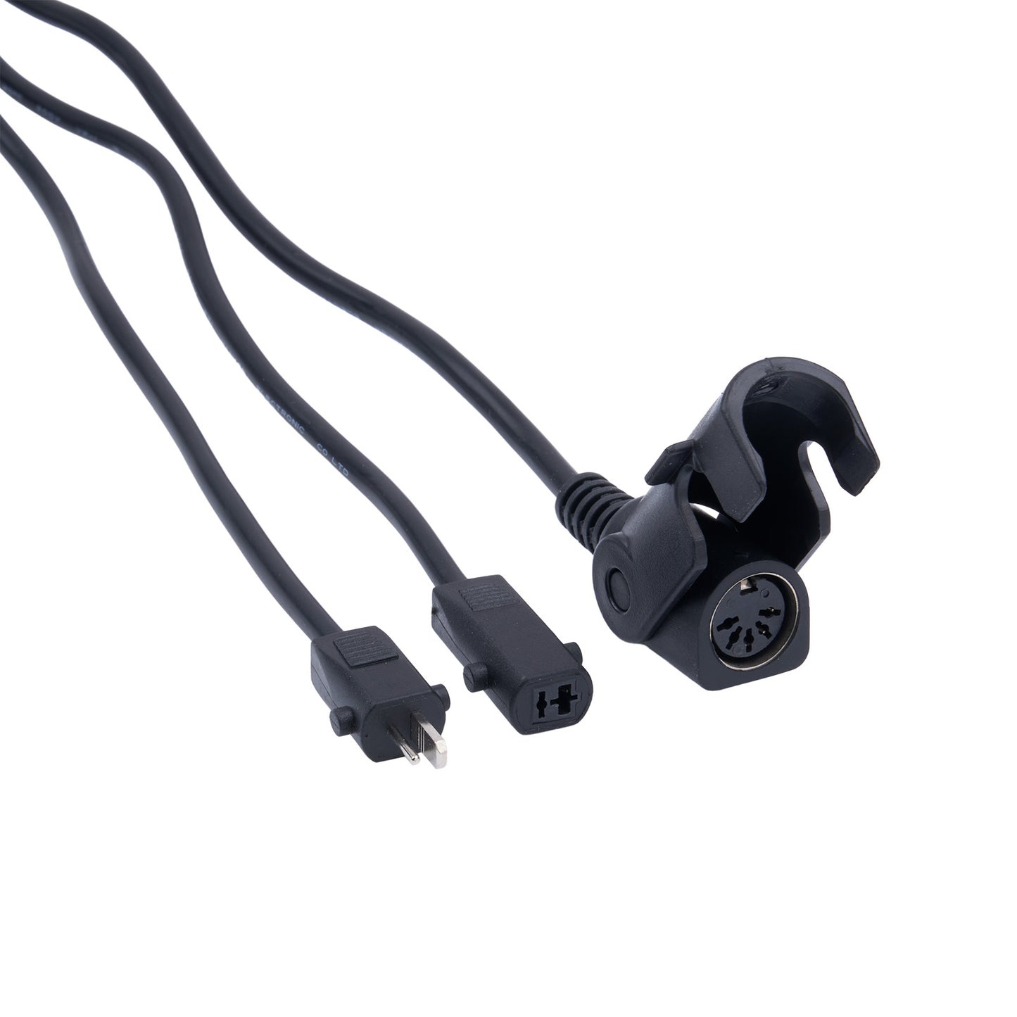 Black audio cable with plug and clip on a white background