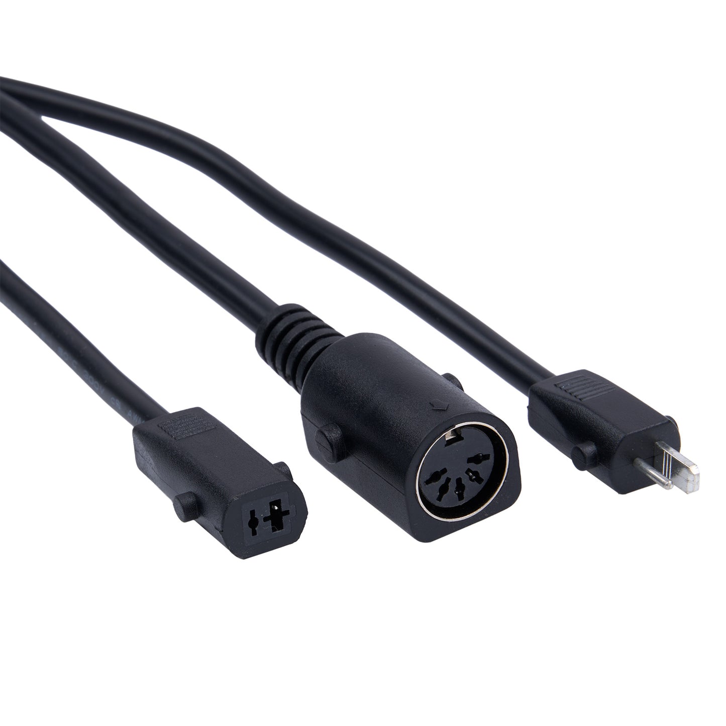 Black electrical cable with various connectors on a white background