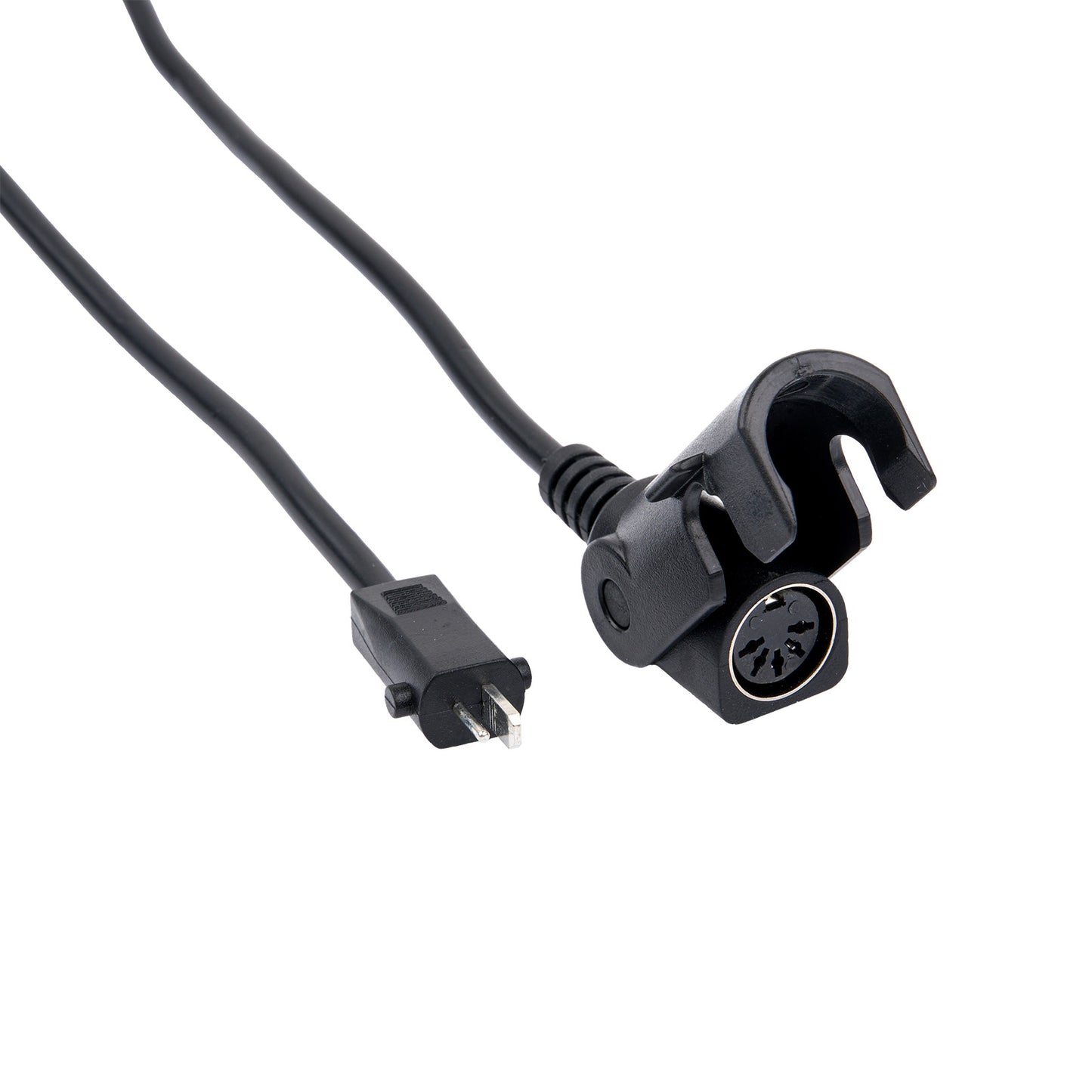 Black cable with plug and connector on a white background