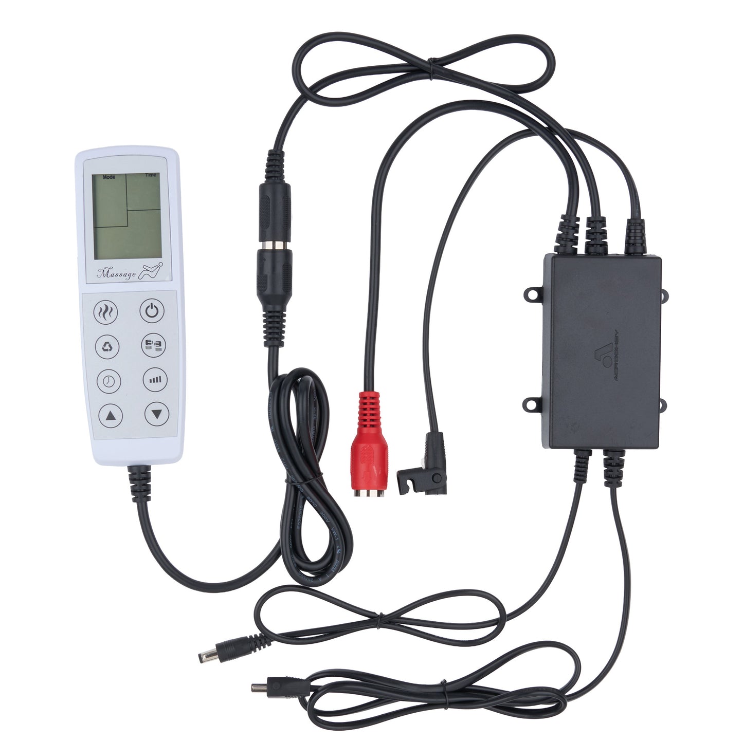 A wireless remote control system with a white remote, a black signal box, and multiple black cables, including a red connector, shown on a plain white background.