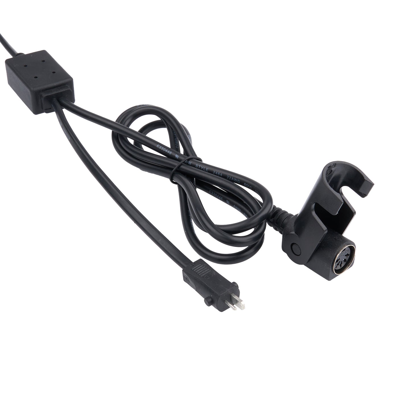 Black electronic device with cable on a white background