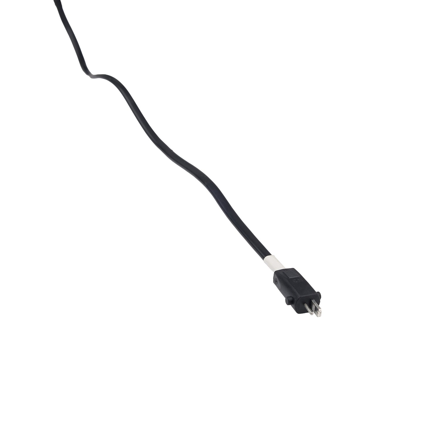 Black electrical cord with plug on a white background