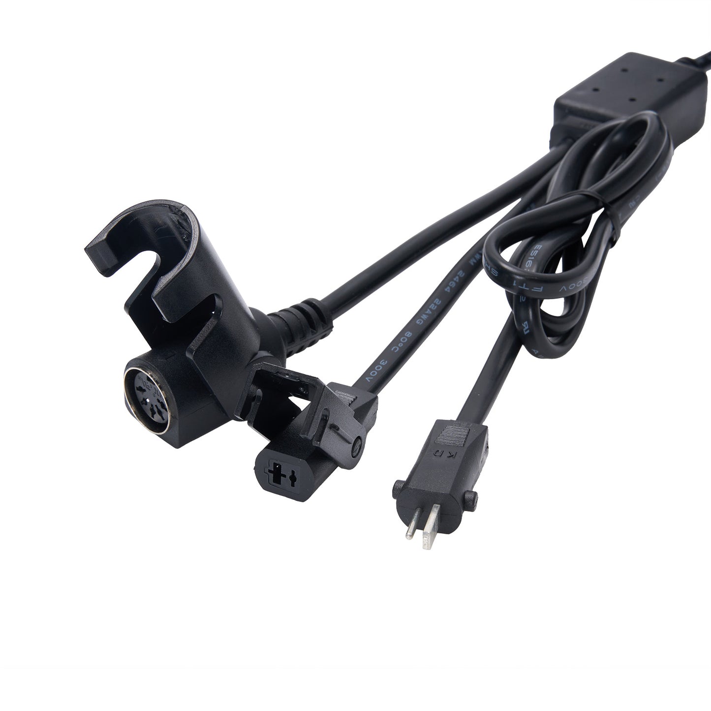 Black electrical cord with various connectors on a white background
