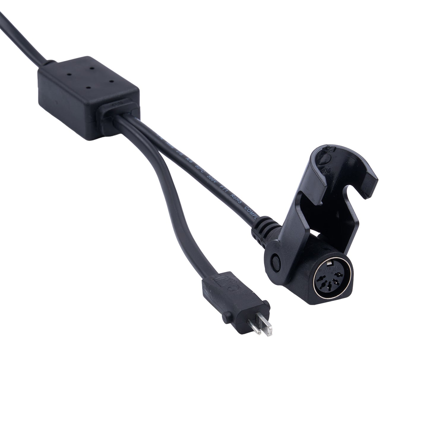 Black electrical cable with plug and connector on a white background