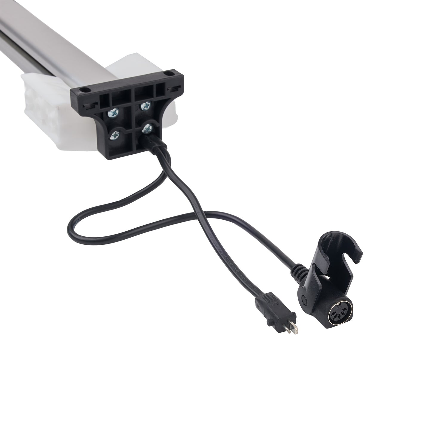A close-up of an electric linear rail assembly with a black mounting bracket, black power cord, and black connector plug, shown against a plain white background.