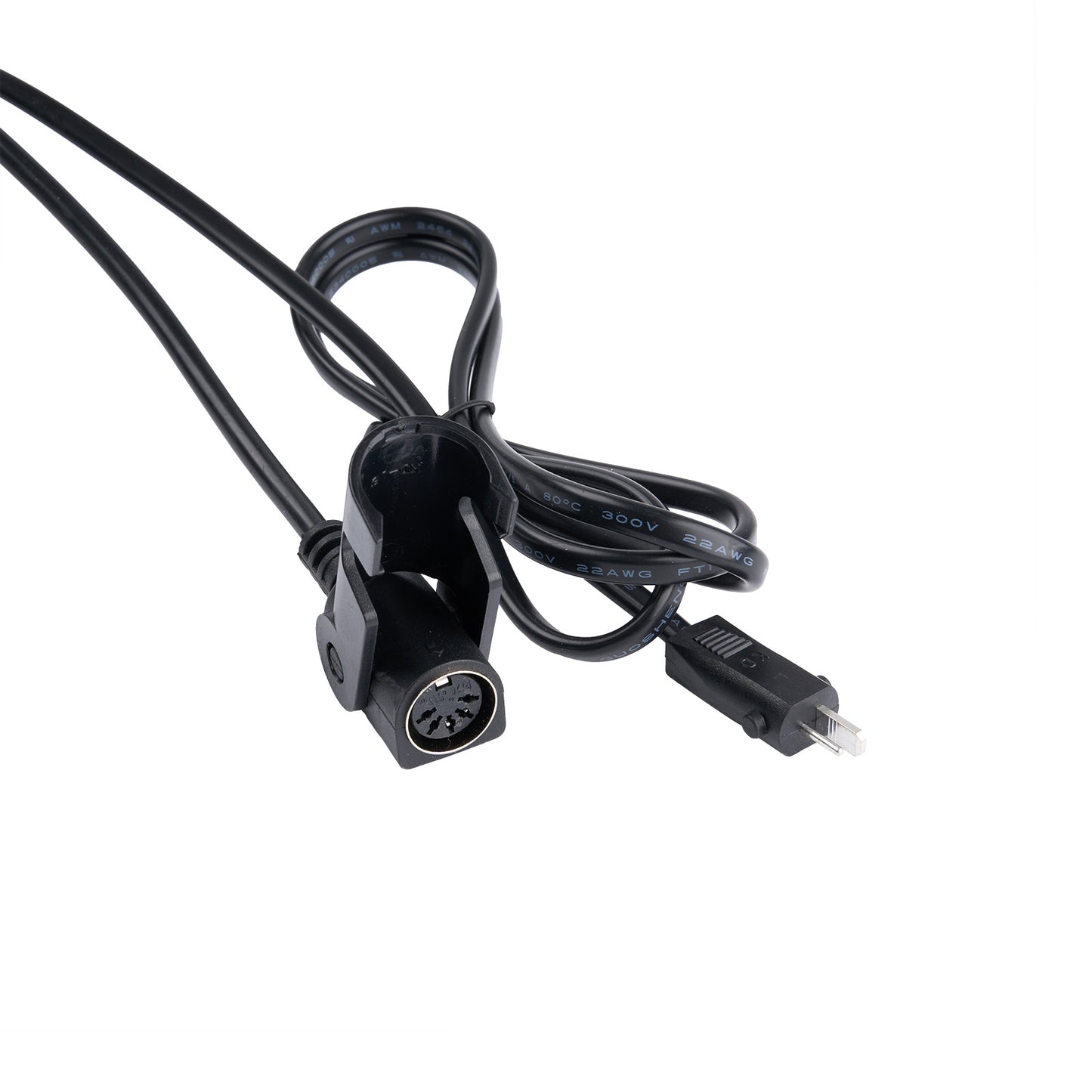 Black cable with connectors on a white background