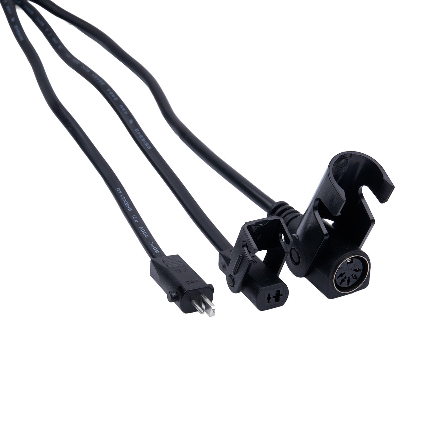 Black audio cable with connectors on a white background