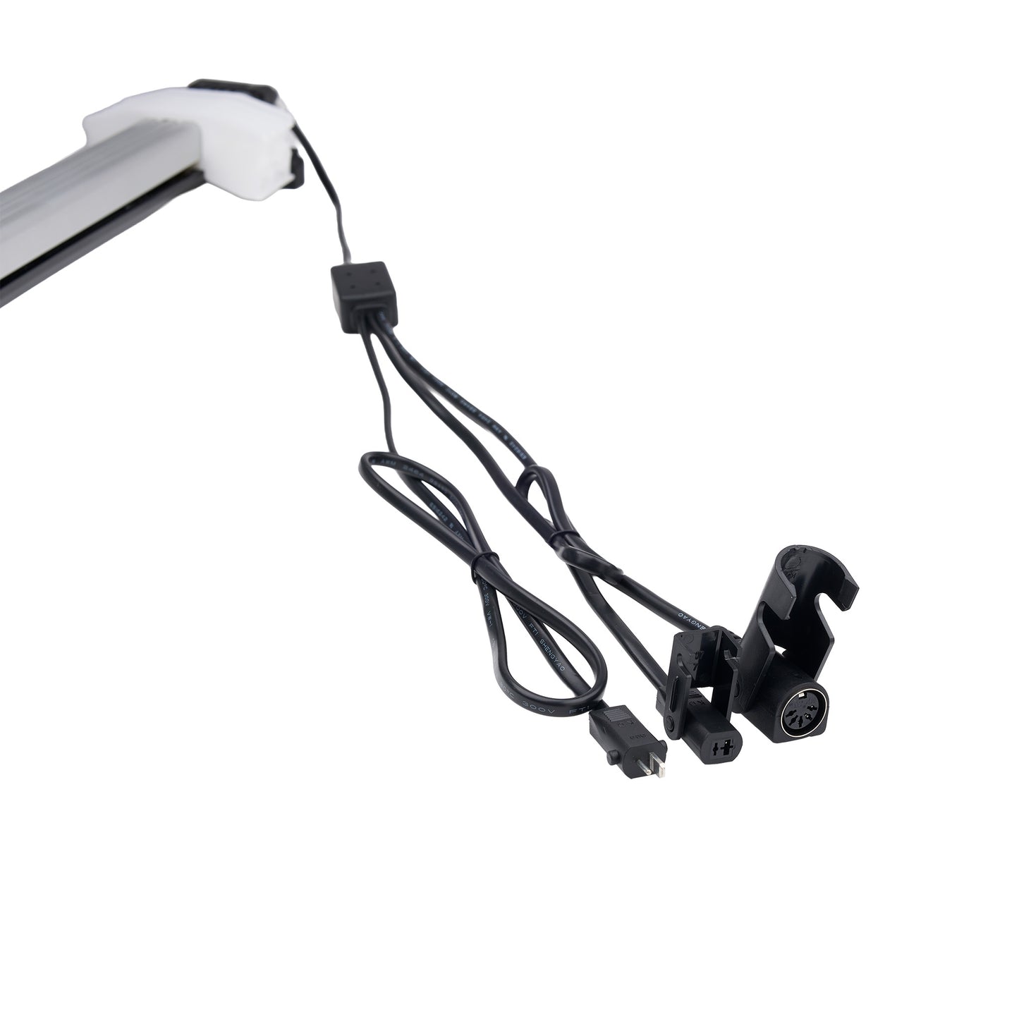 Black camera mount with power cable on a white background