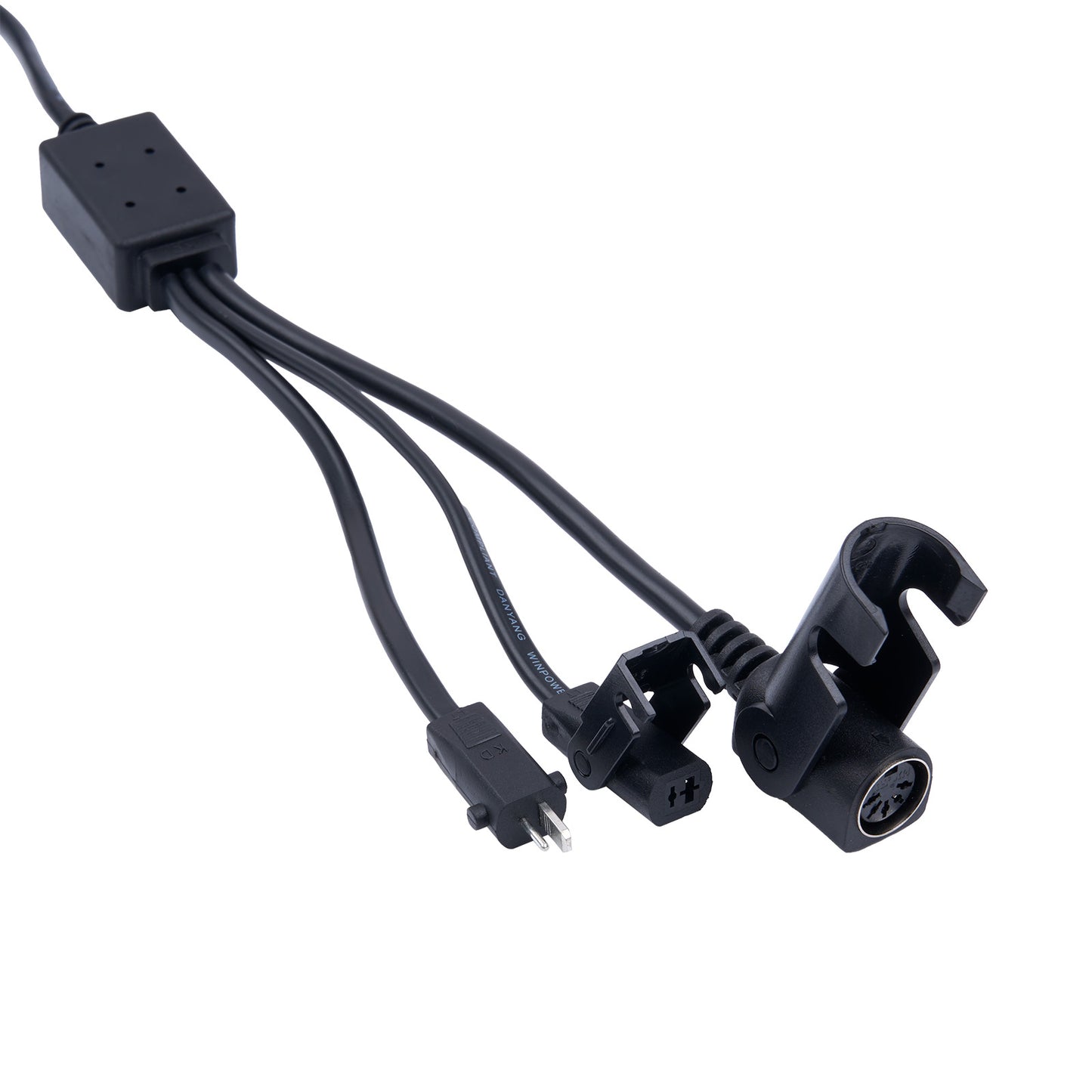 Black electrical cable with various connectors on a white background