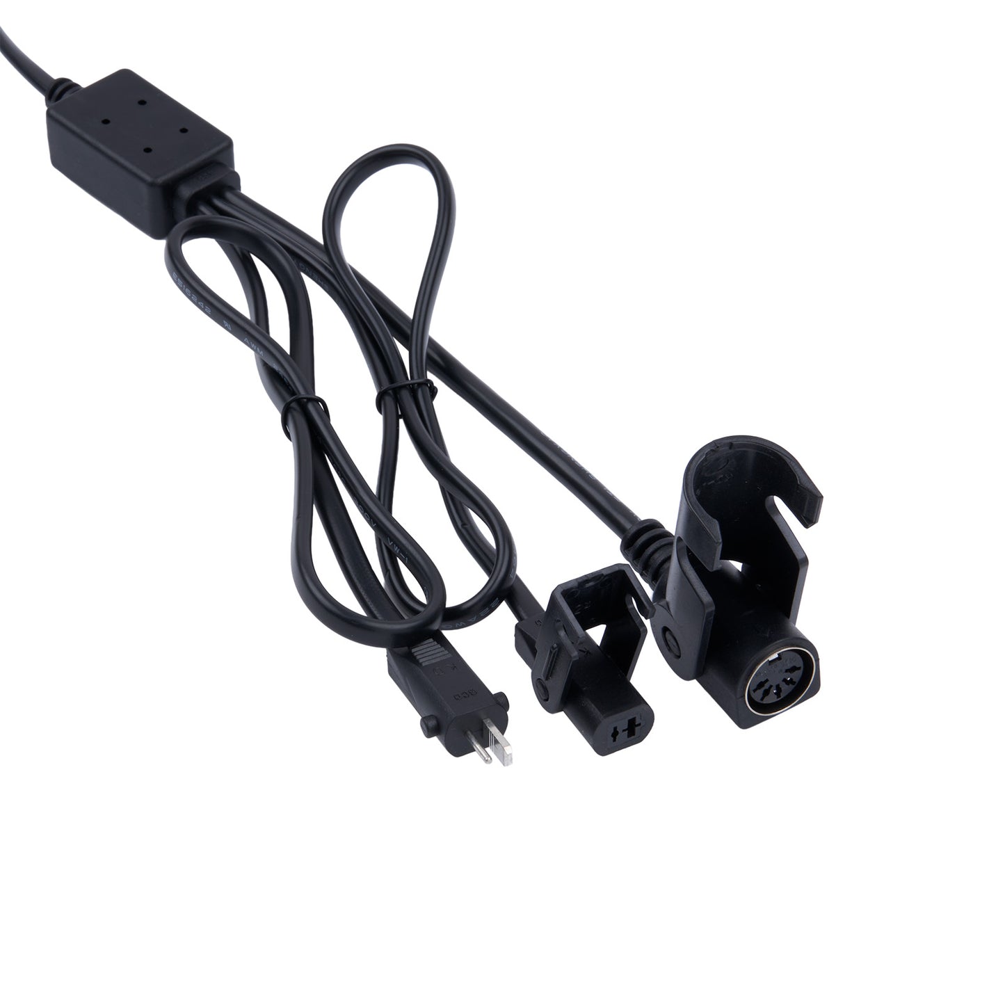 Black electrical cable with various connectors on a white background