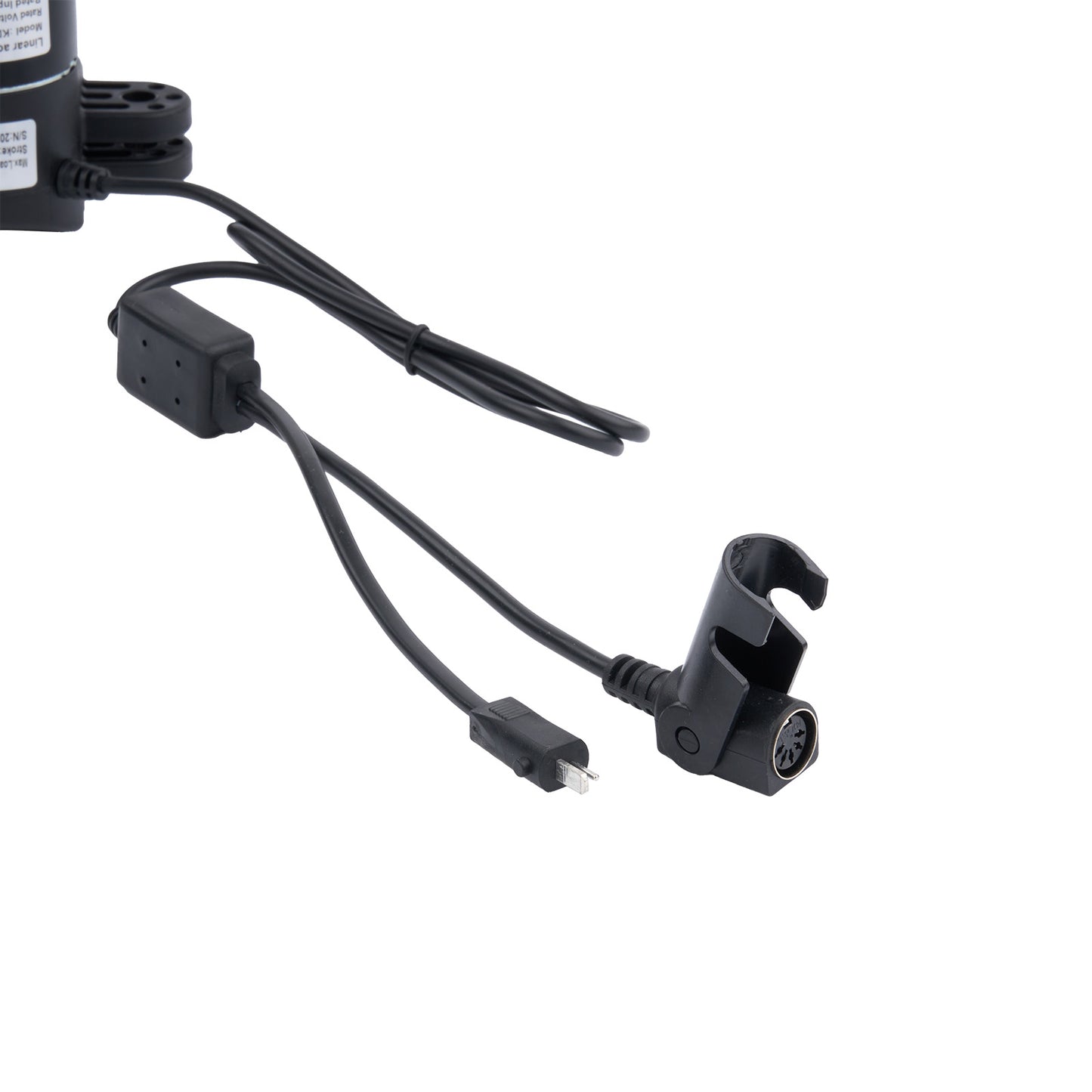 Black electronic component with multiple connectors on a white background