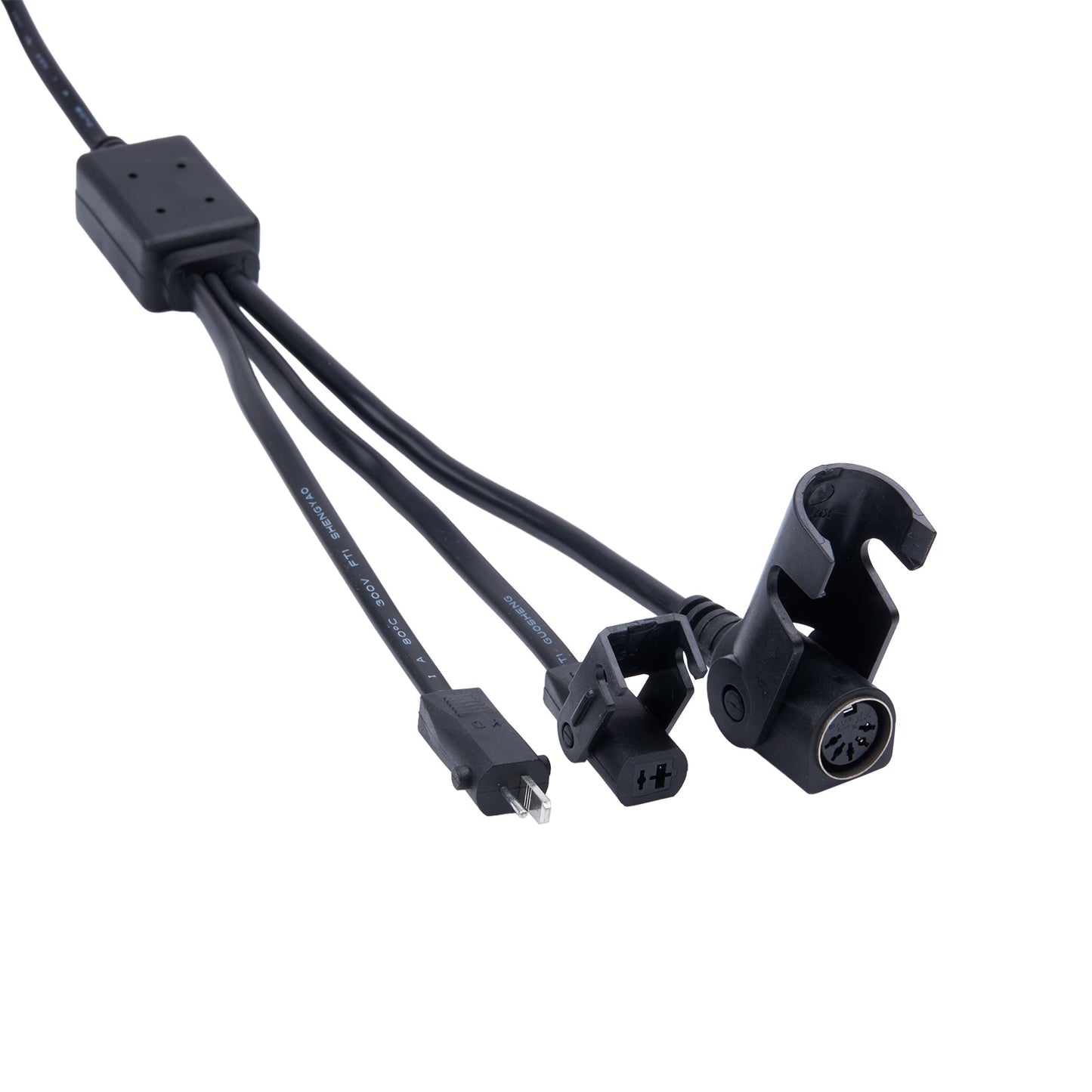 Black cable with various connectors on a white background