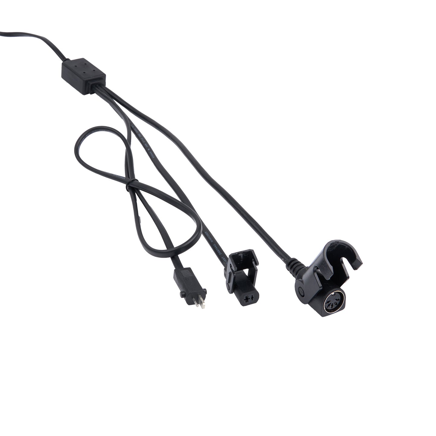 Black audio cable with connectors on a white background