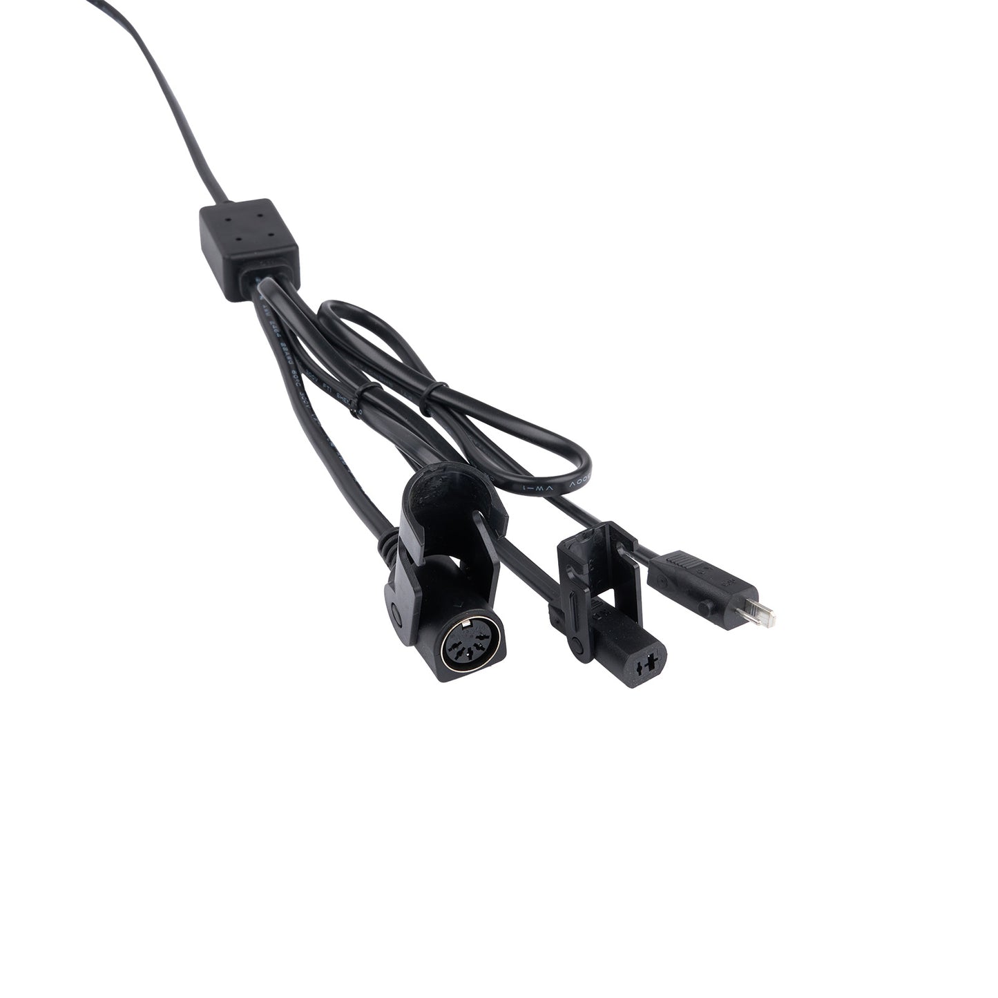 Black electrical cable with connectors on a white background