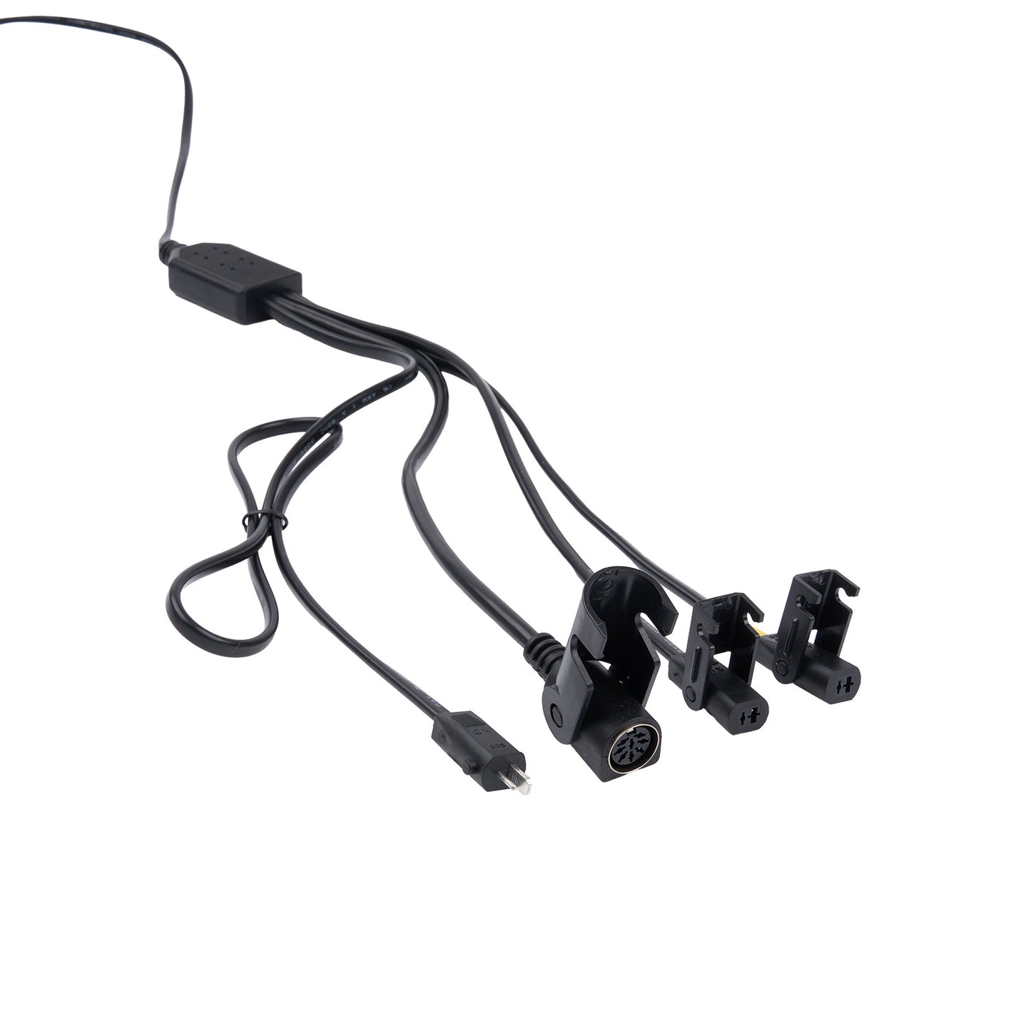 Black car mount adapter with multiple connectors on a white background