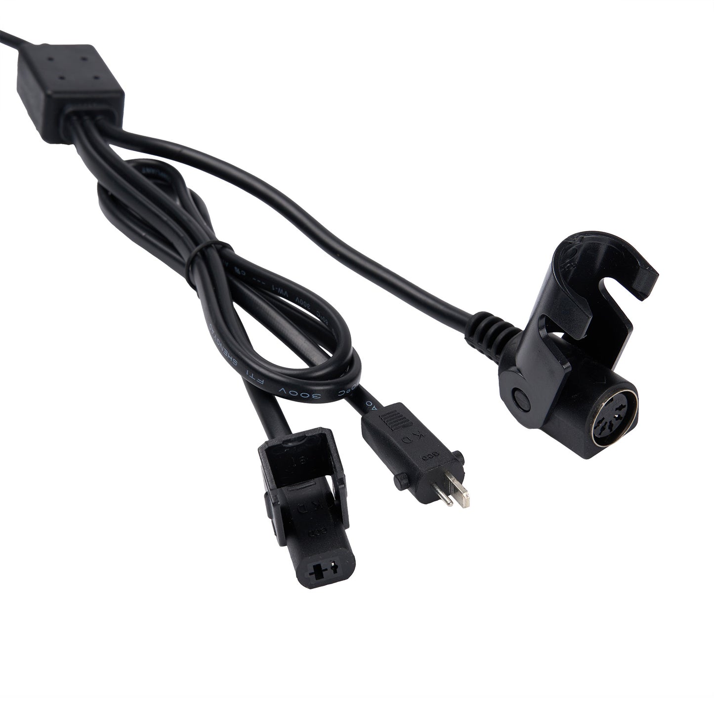 Black electrical cable with connectors on a white background