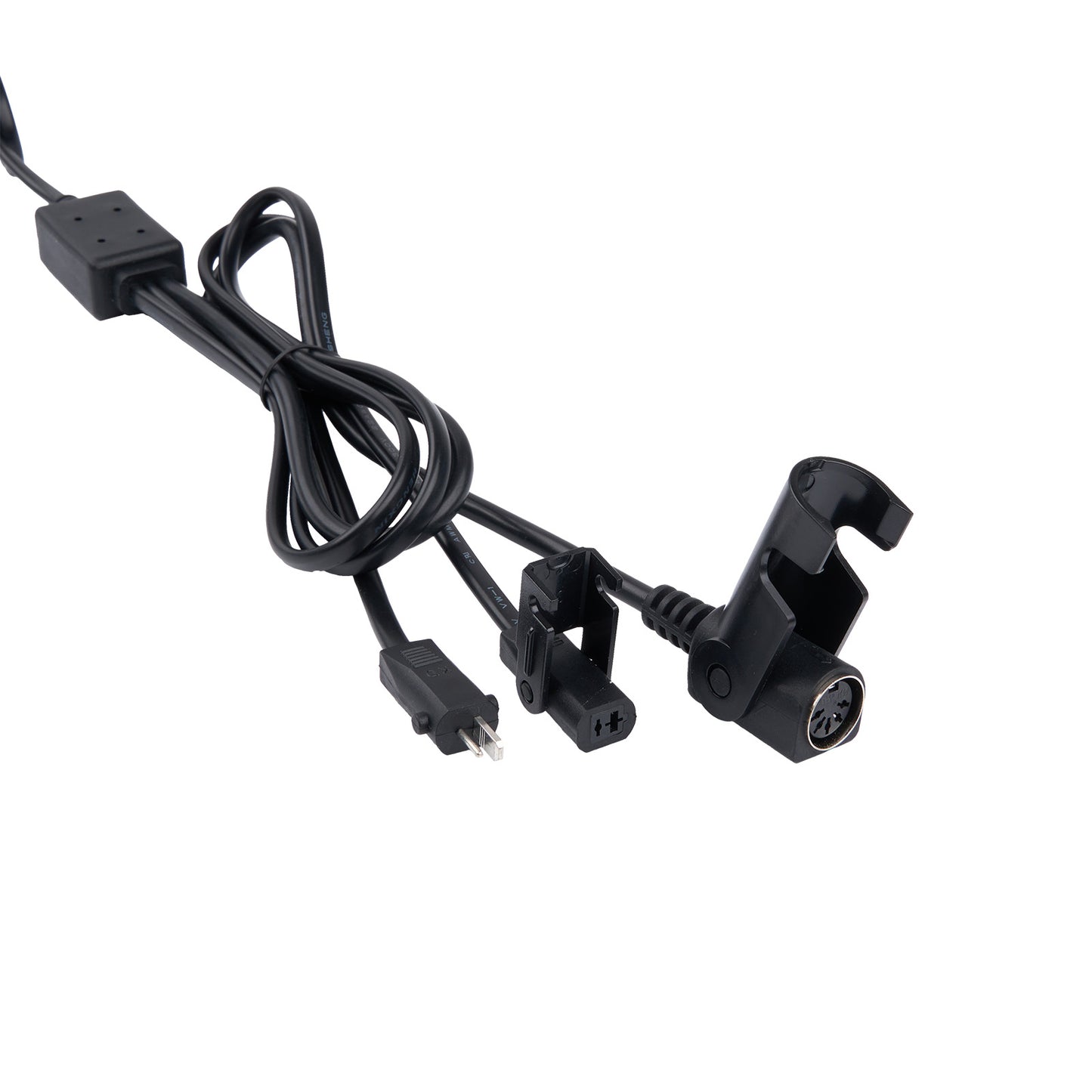 Black cable with connectors on a white background