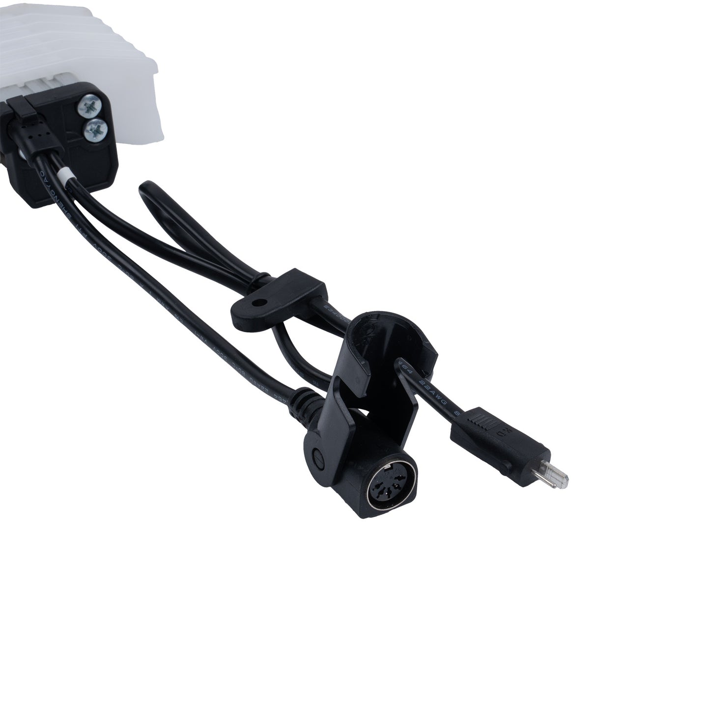 Black cable with connectors on a white background