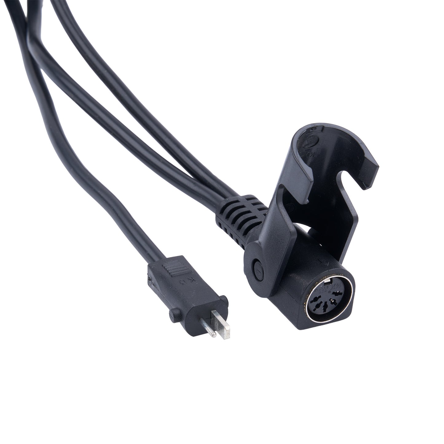 Black audio cable with plug and connector on a white background