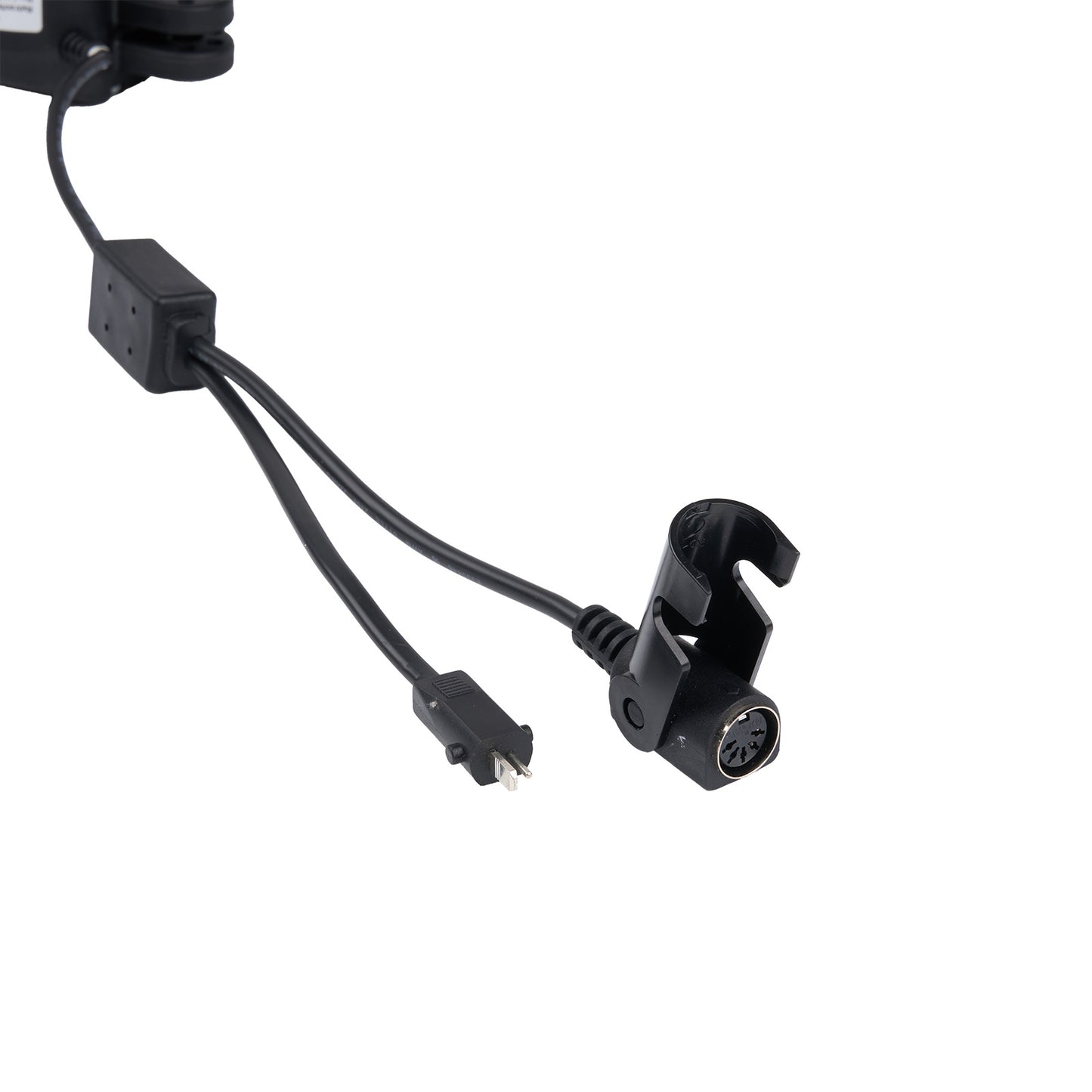 Black electronic cable with connectors on a white background